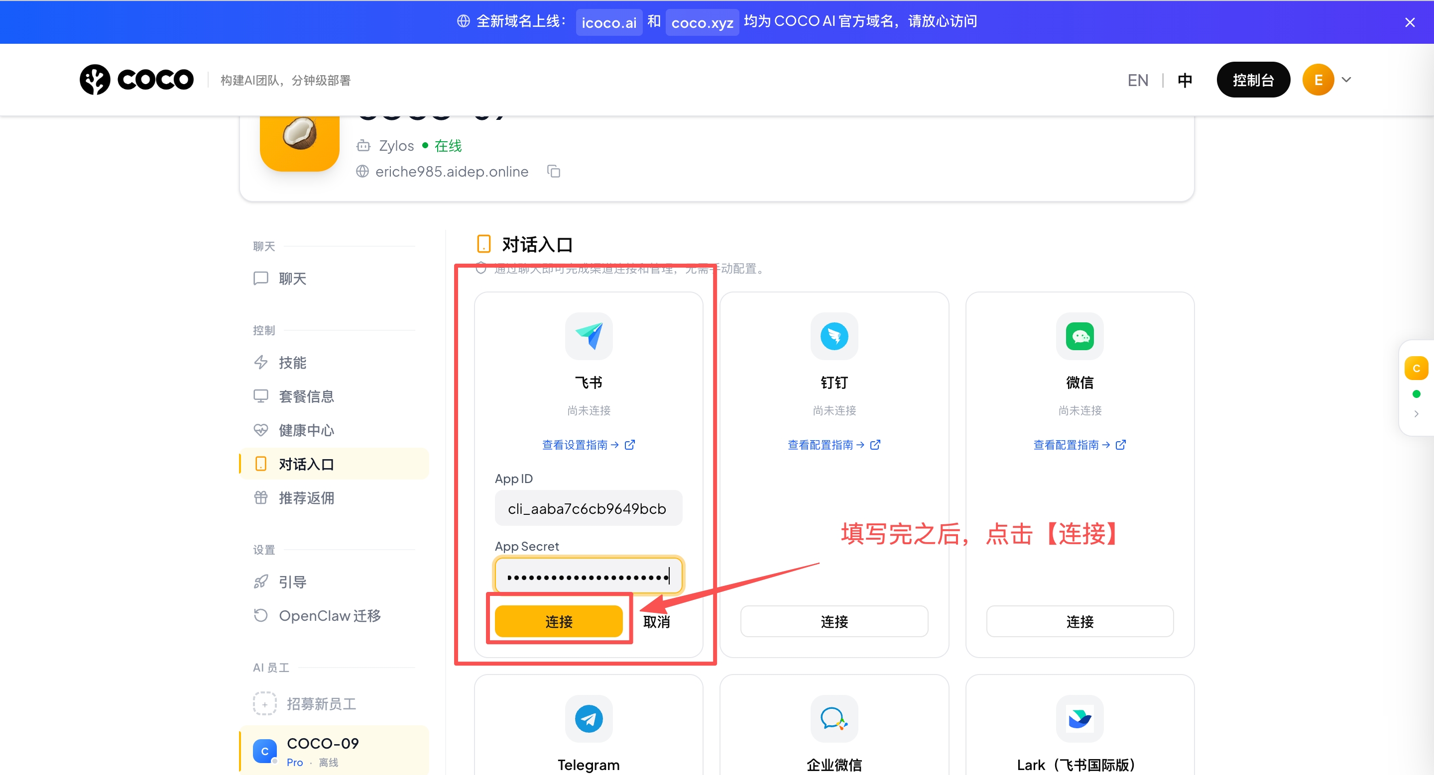 填写 App ID 和 App Secret 后点击连接
