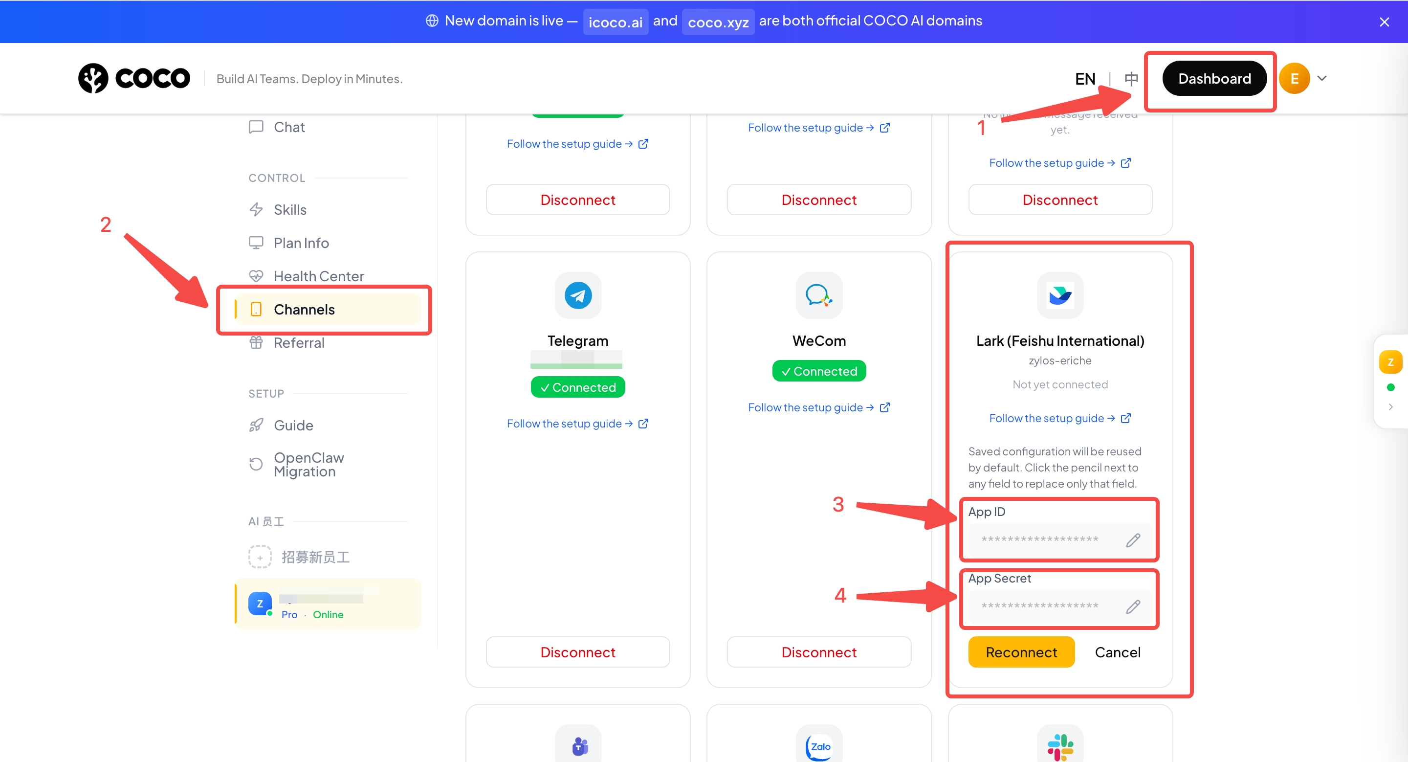 COCO Dashboard — 点击「对话入口」，选择 Lark