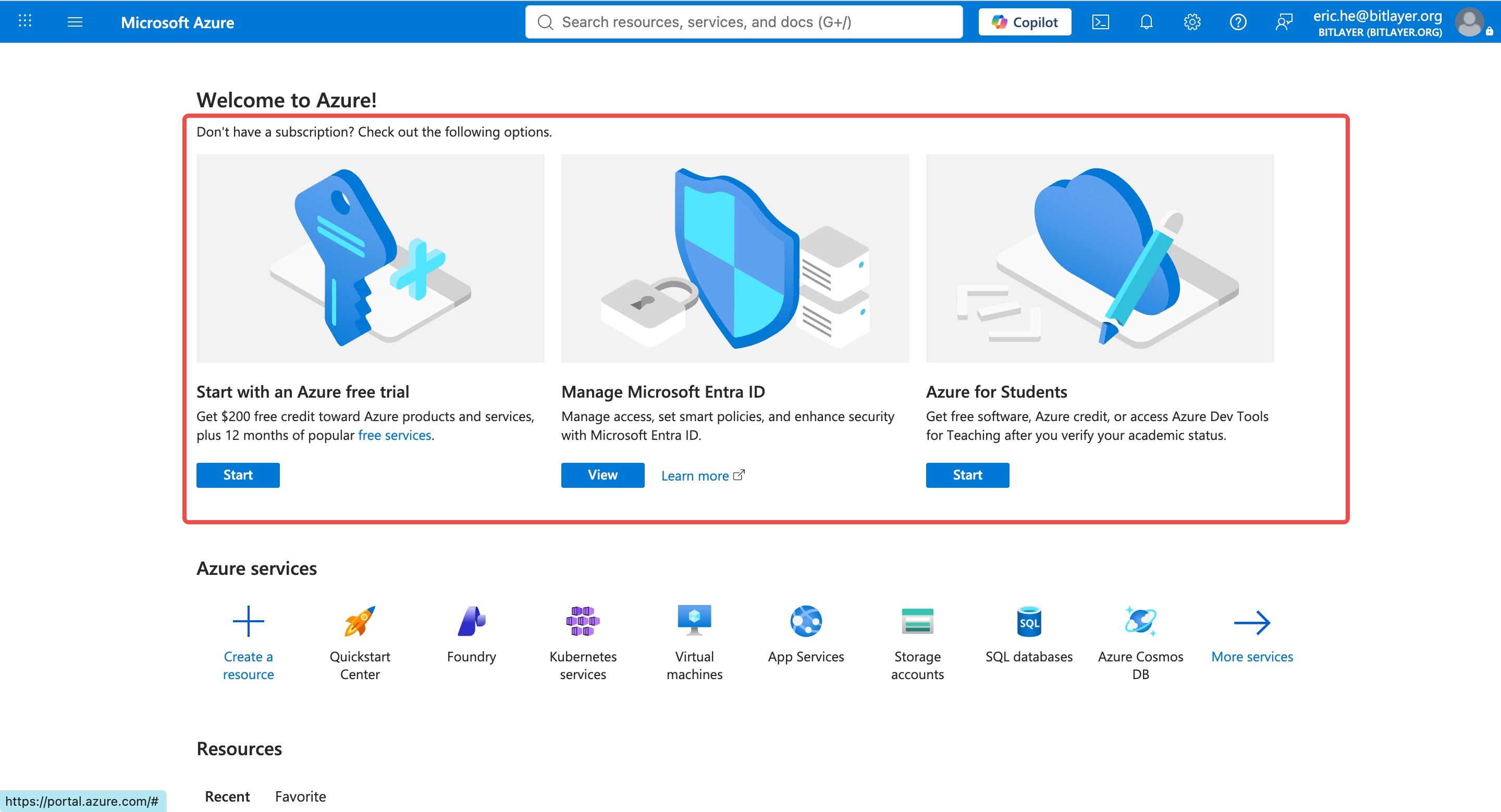 Azure Portal home after signing in
