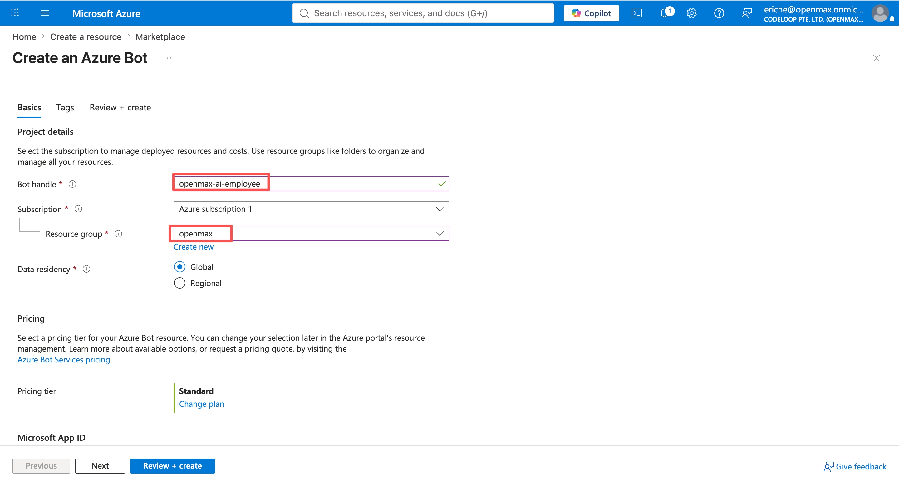 Create an Azure Bot — bot handle, subscription, resource group, pricing tier