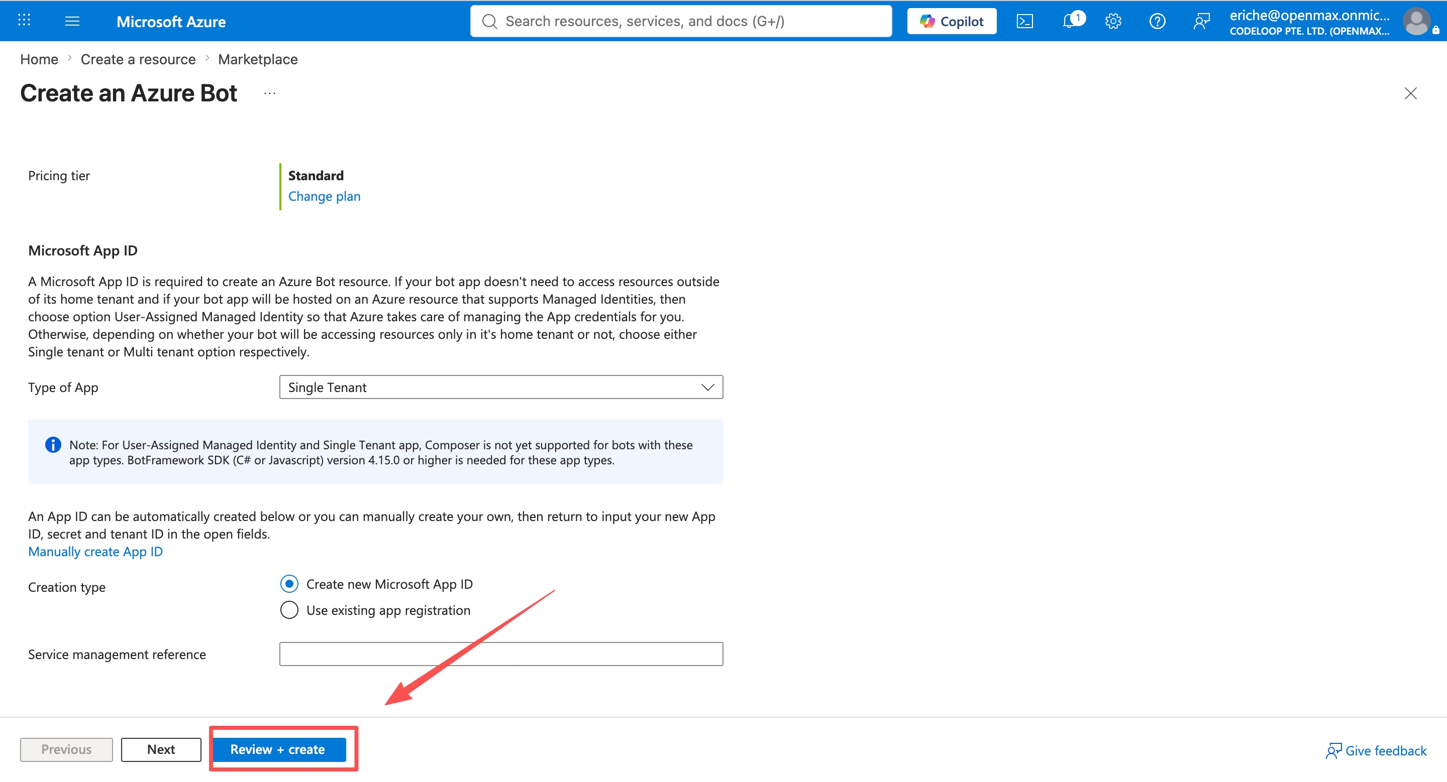 Create an Azure Bot — Type of App: Single Tenant, Creation type: Create new Microsoft App ID
