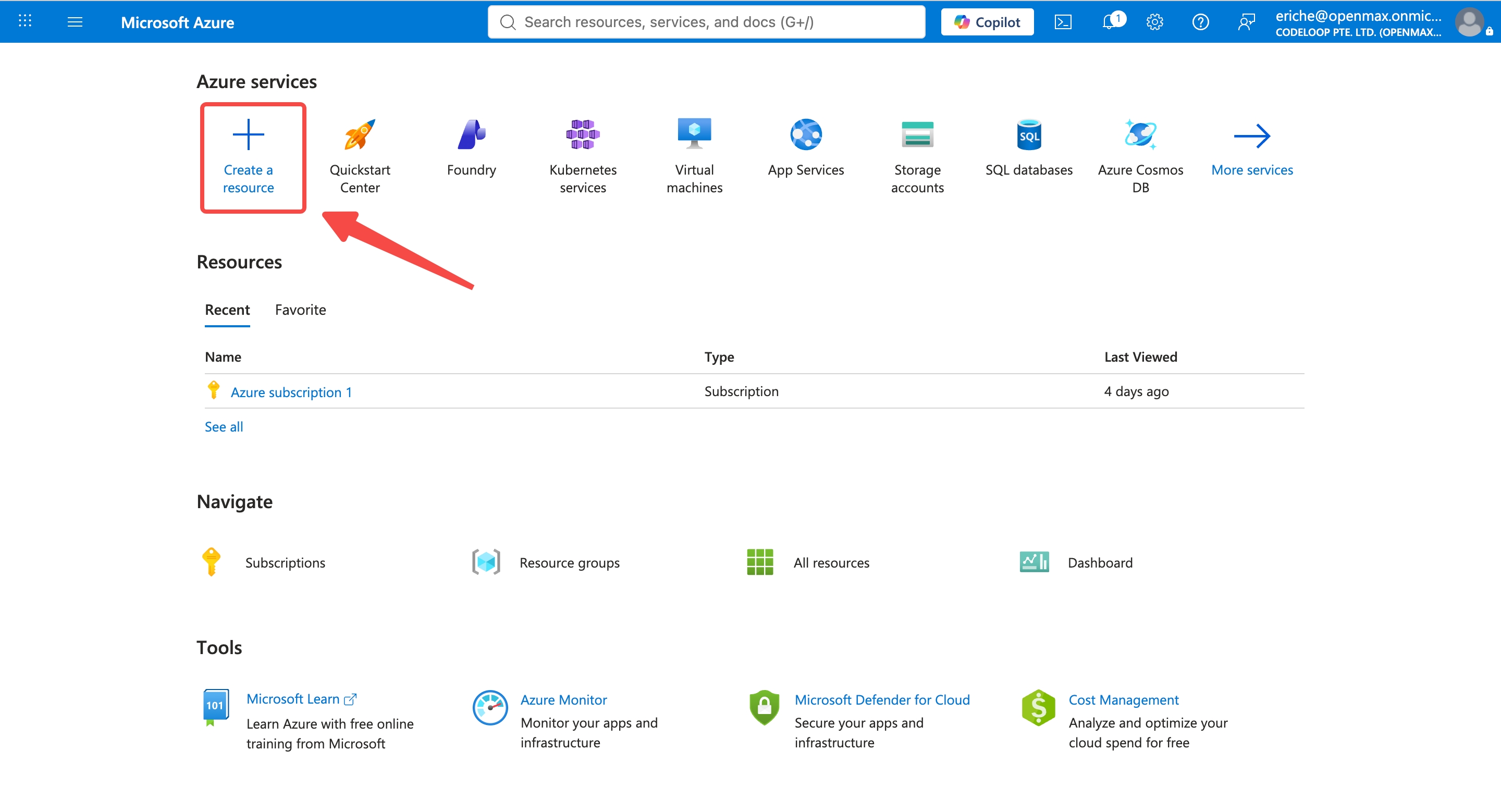 Azure Portal — Create a resource