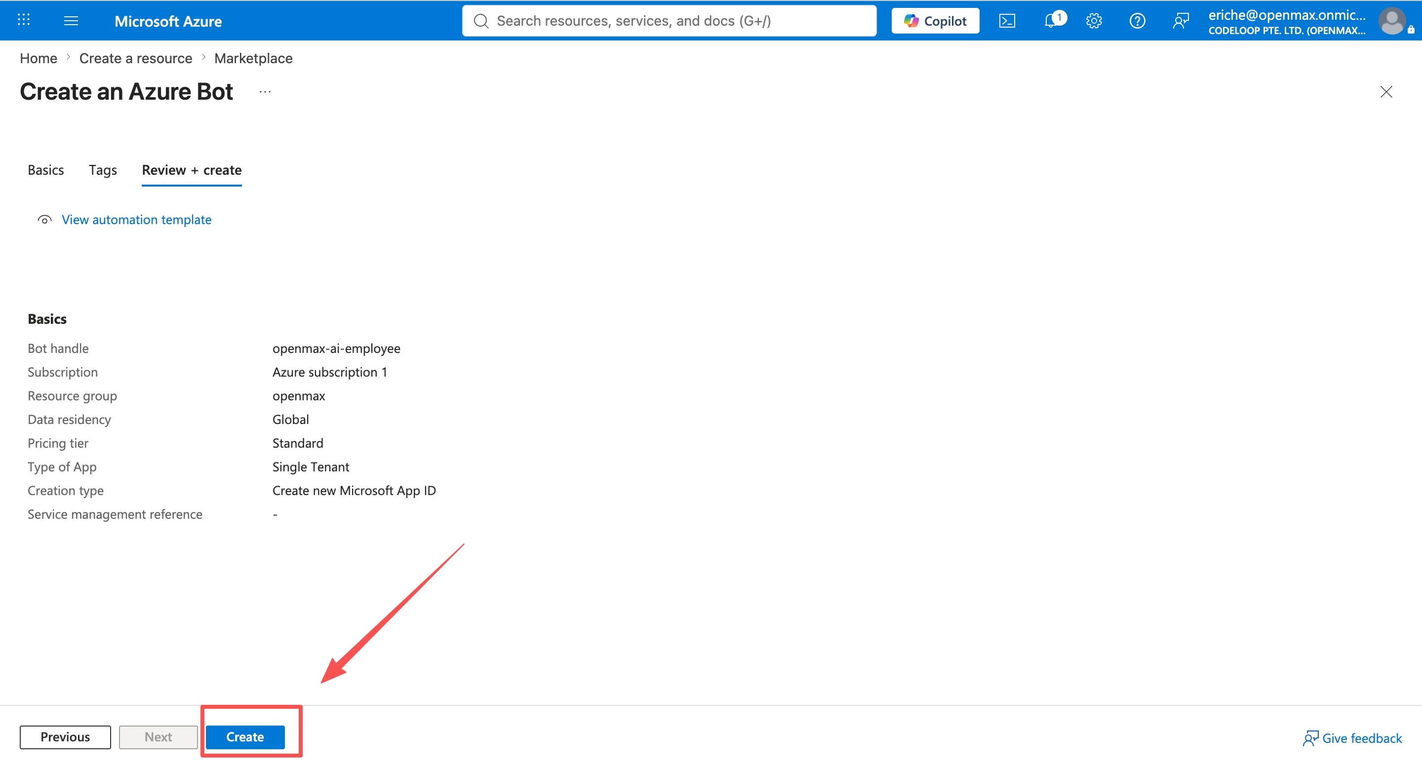 Review + create — validation passed, click Create