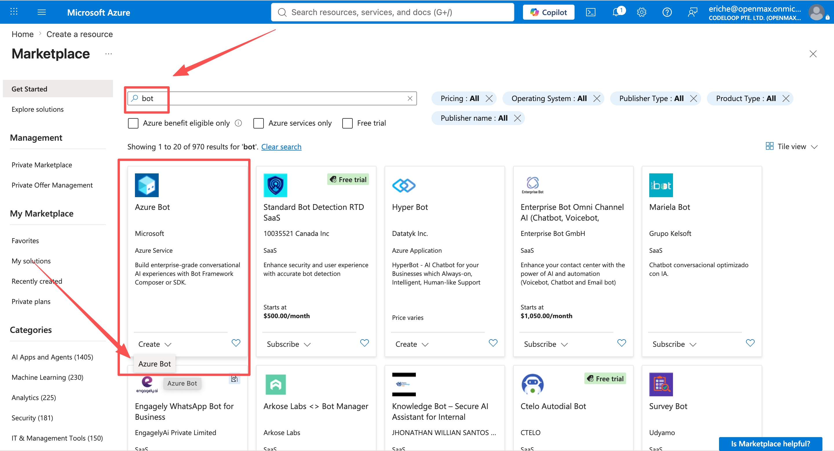 Marketplace search results — Azure Bot, click Create
