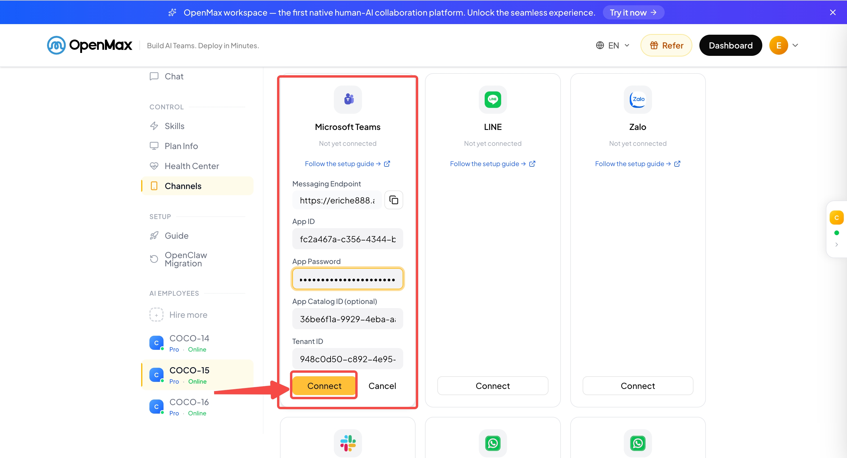 OpenMax Dashboard — Microsoft Teams card with four credentials filled in — Connect