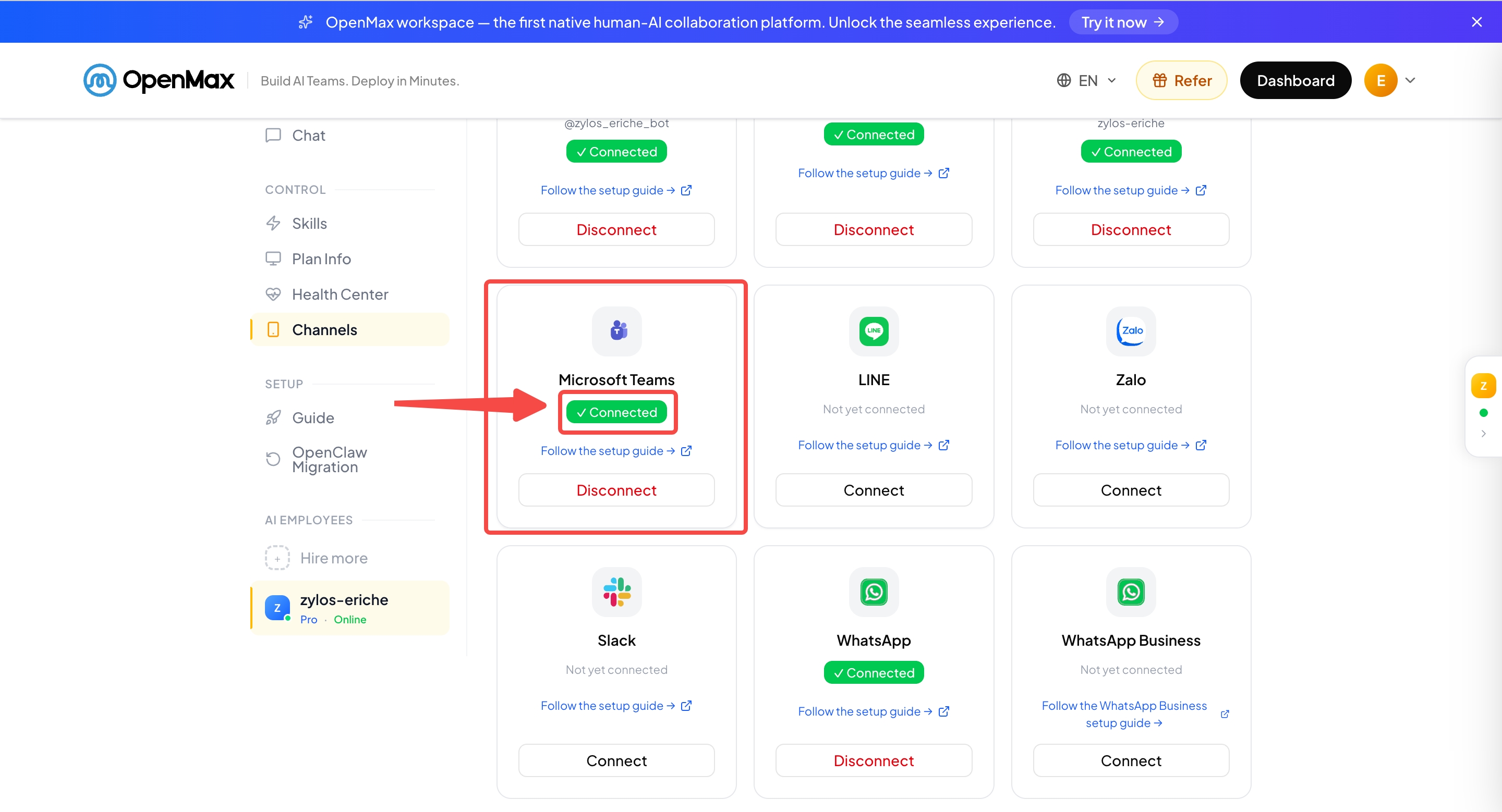 OpenMax Dashboard — Microsoft Teams card shows Connected
