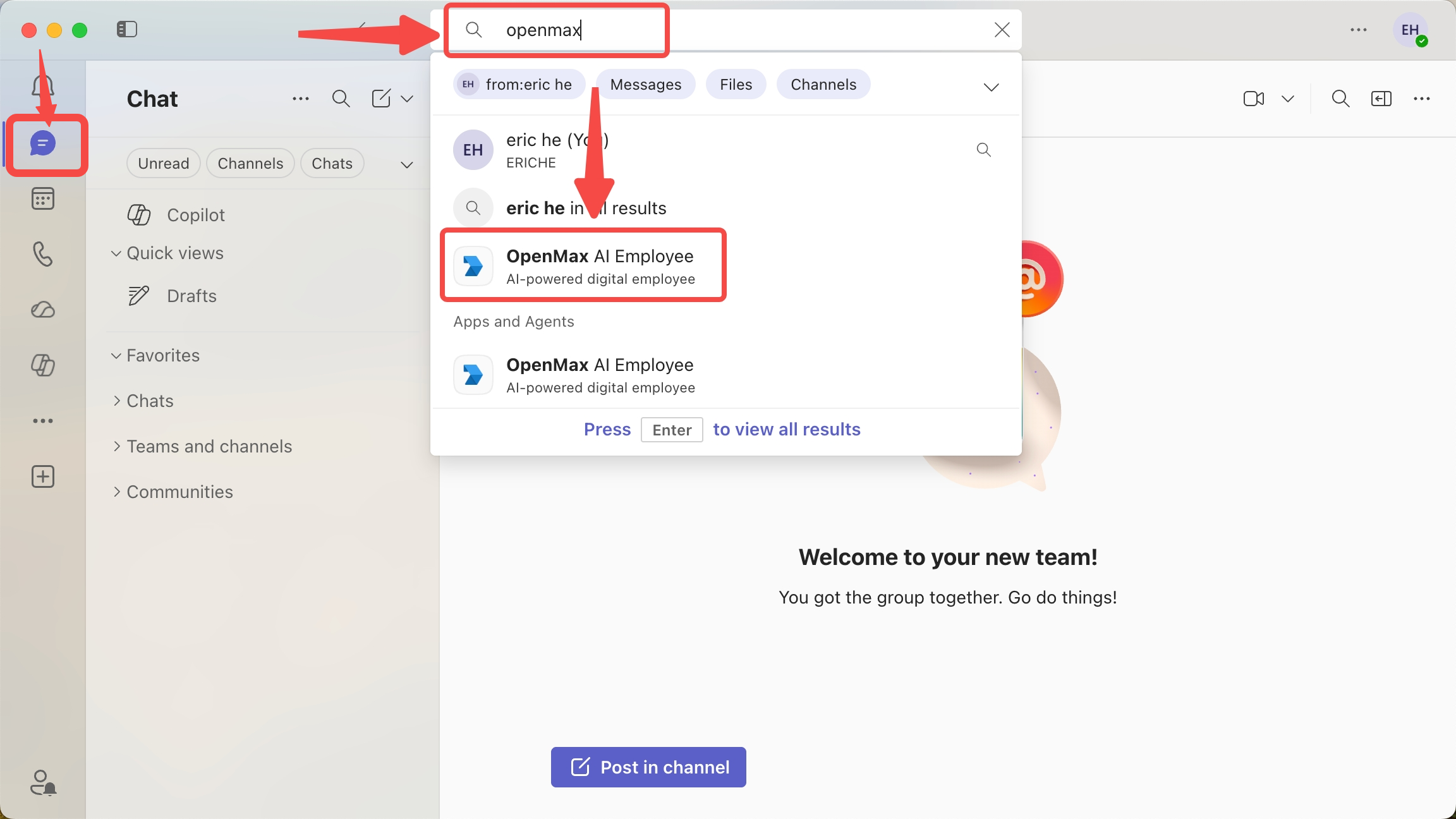 Microsoft Teams — search for the bot in Chat
