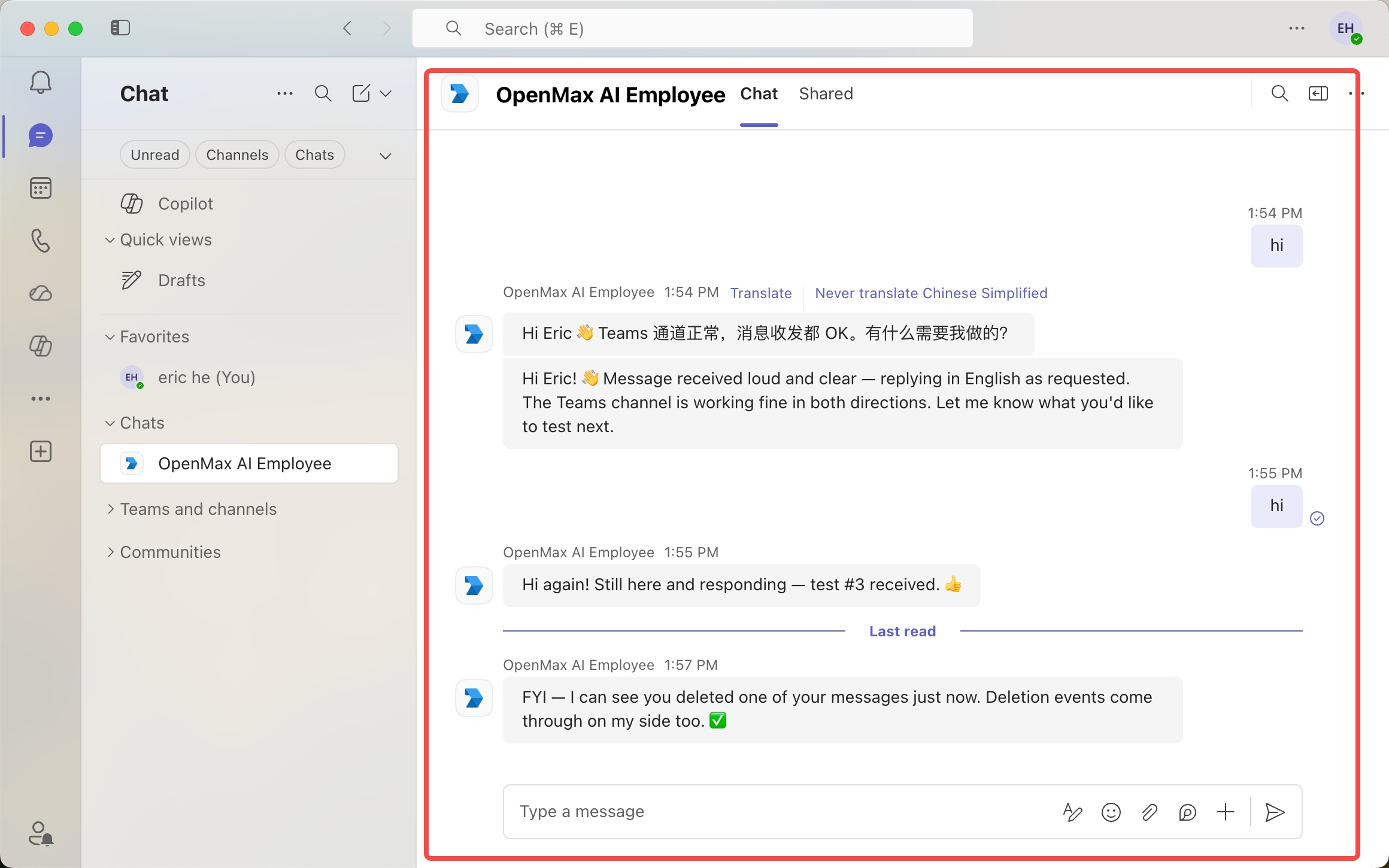 Chatting with the bot in Microsoft Teams