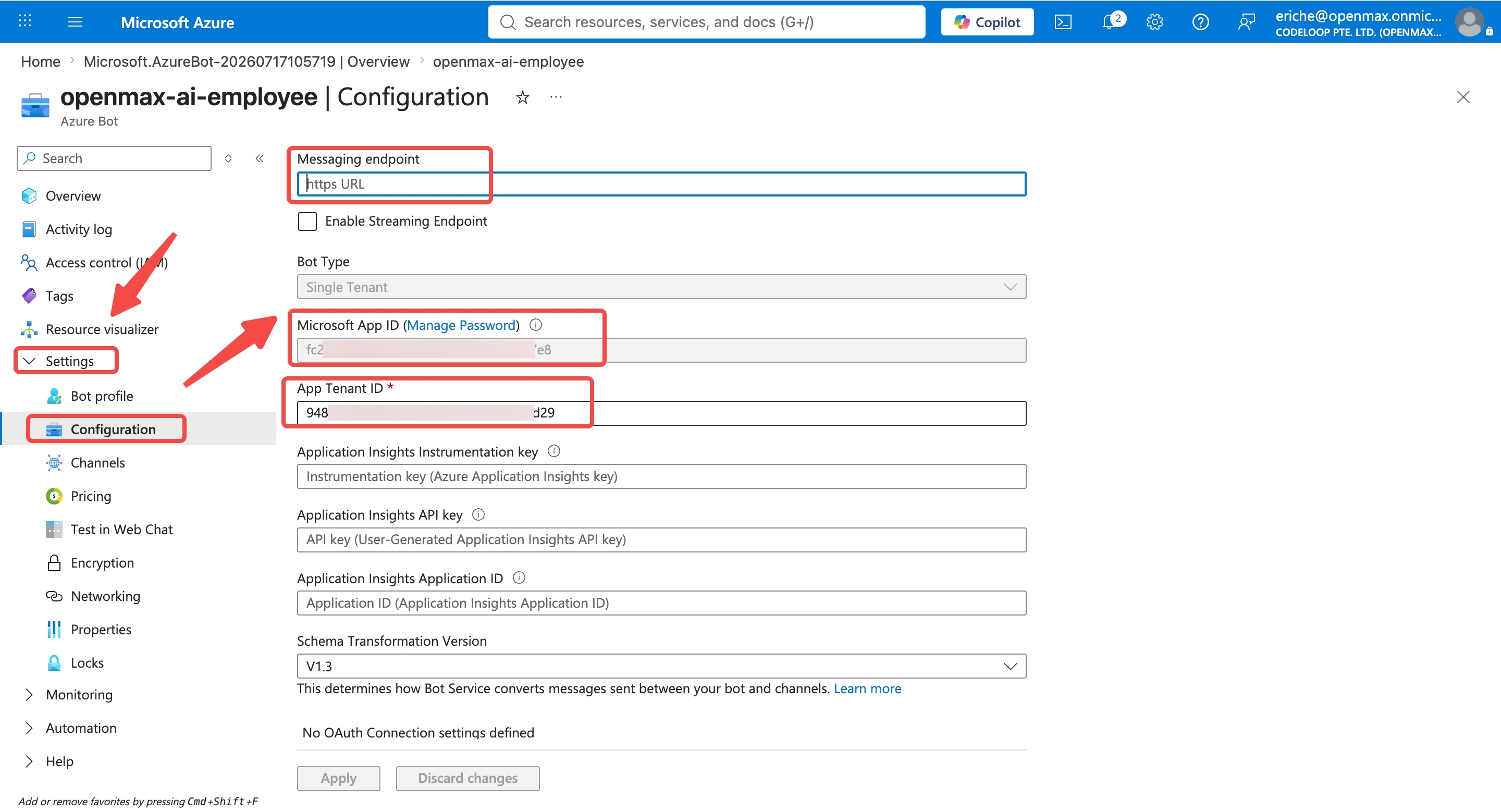 Azure Bot — Settings → Configuration