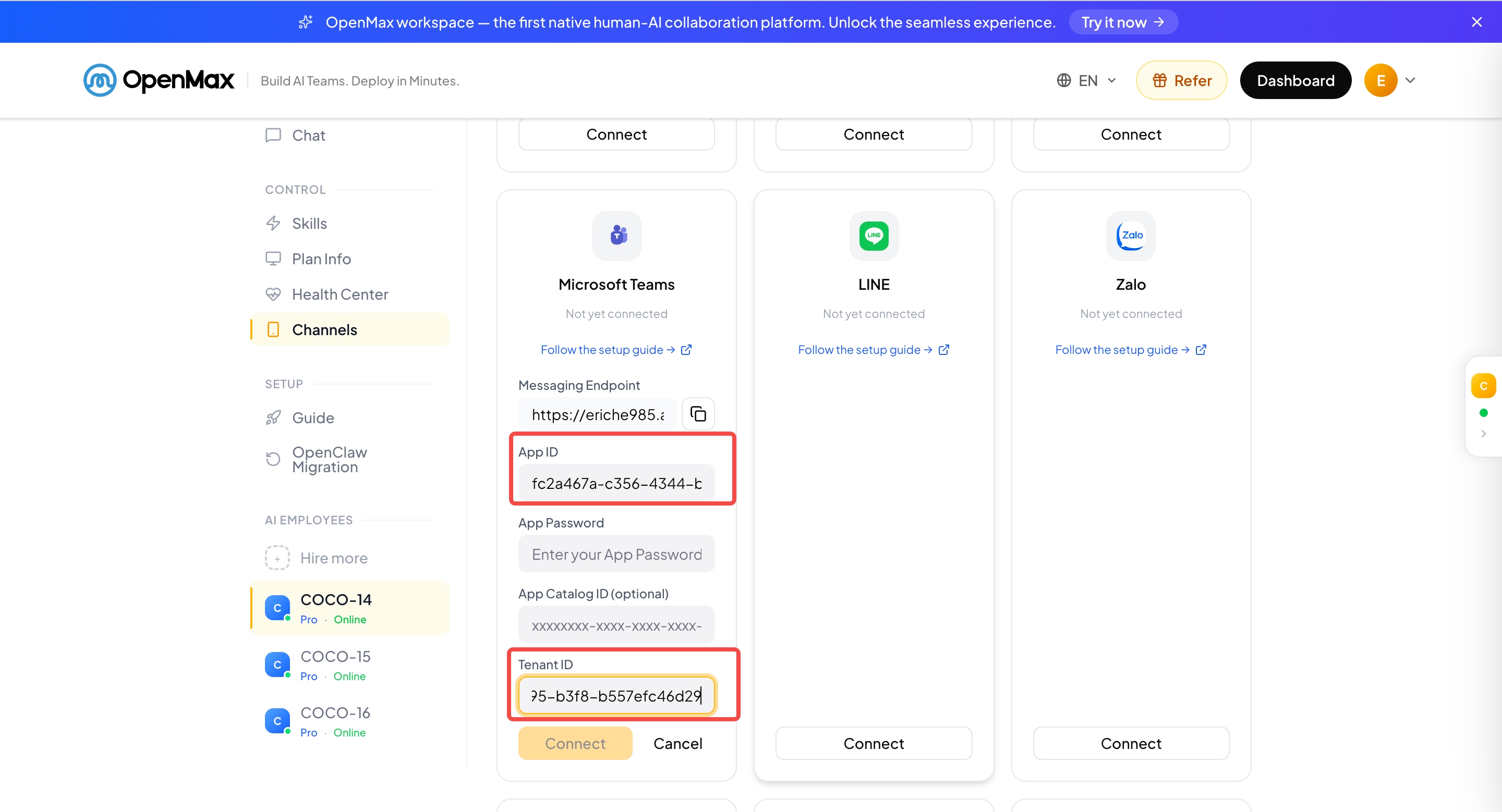 Configuration — Microsoft App ID and App Tenant ID