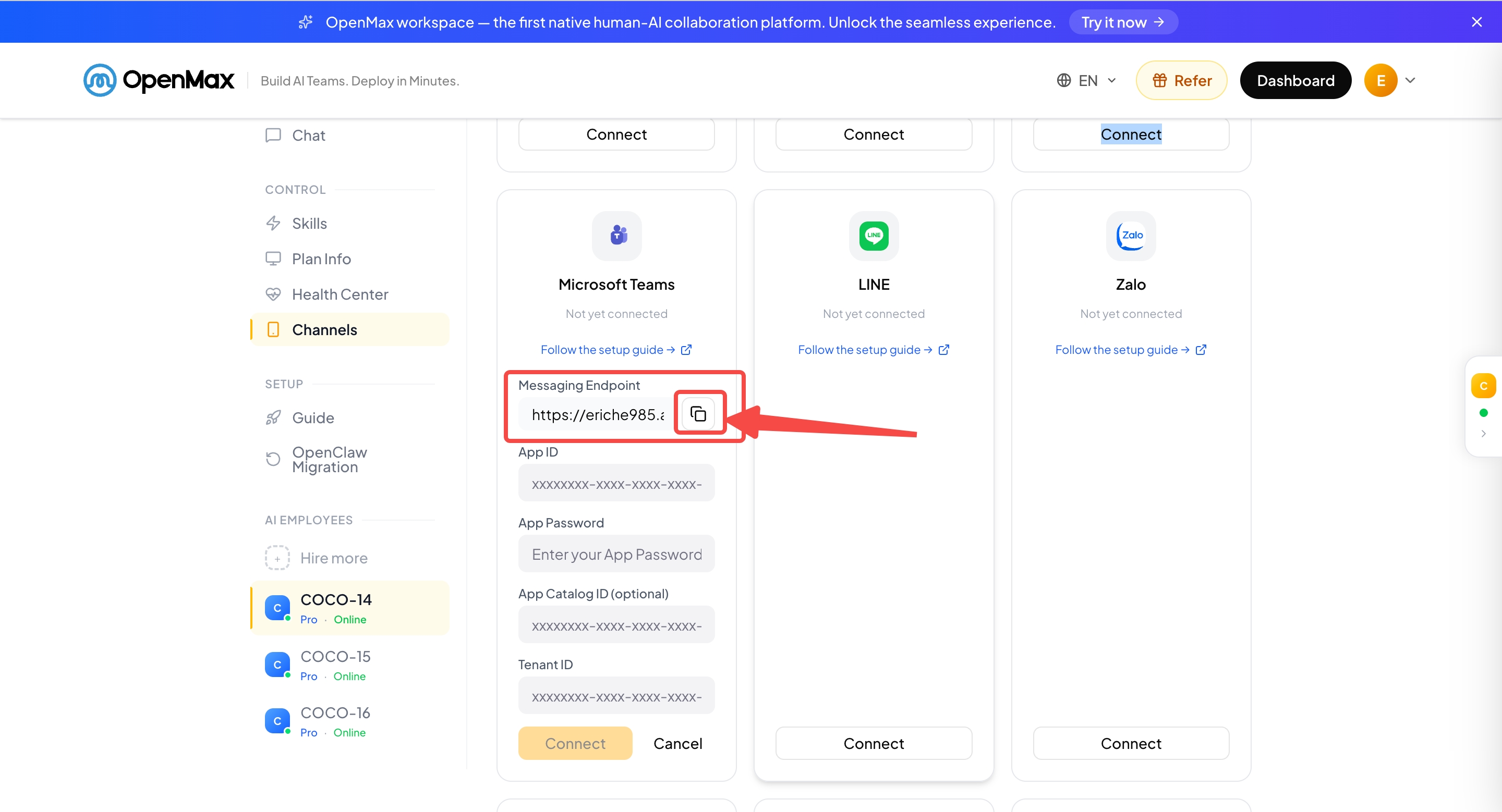 Configuration — paste the Messaging endpoint URL from the OpenMax Dashboard