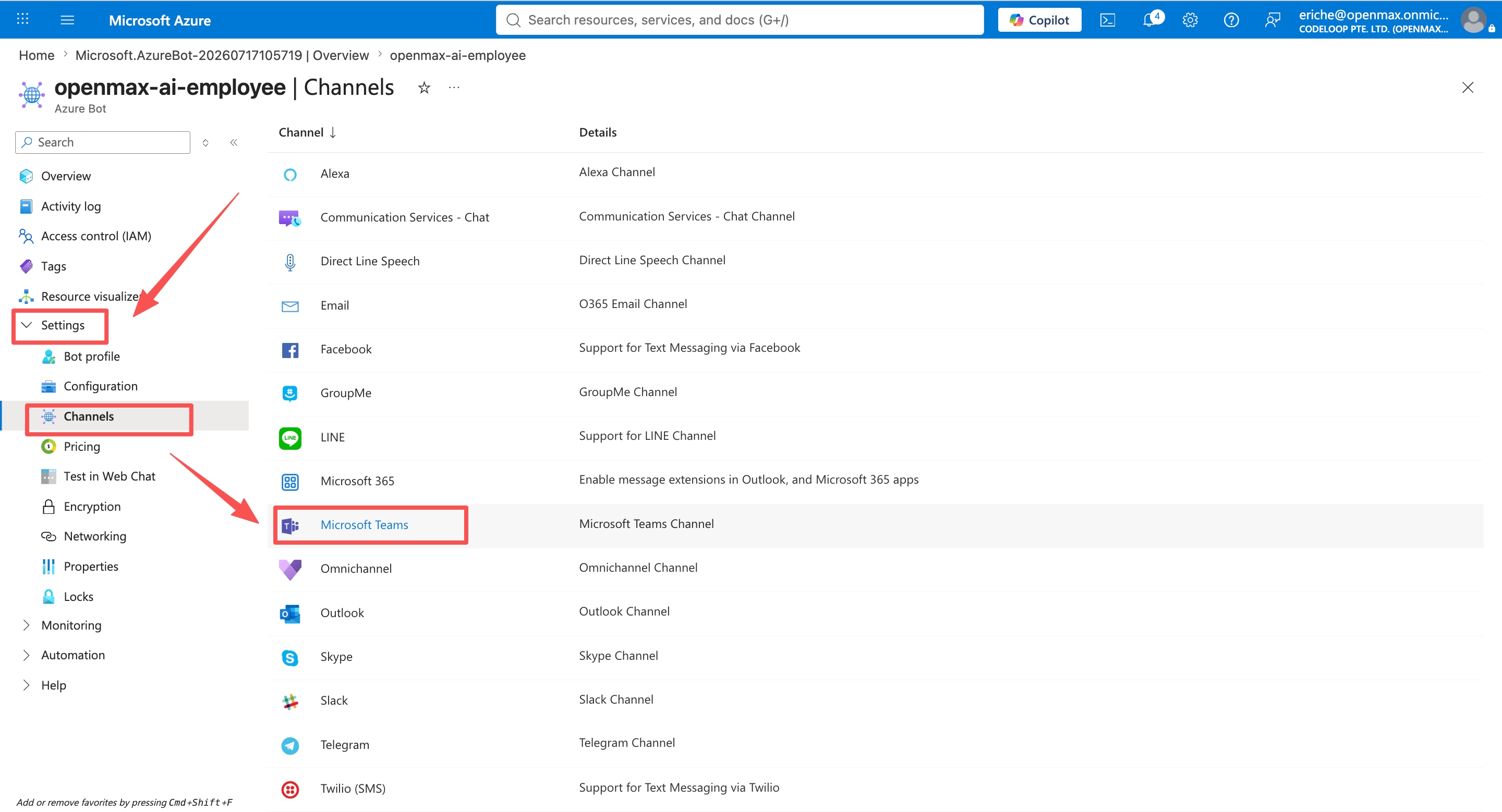 Azure Bot — Settings → Channels — Microsoft Teams