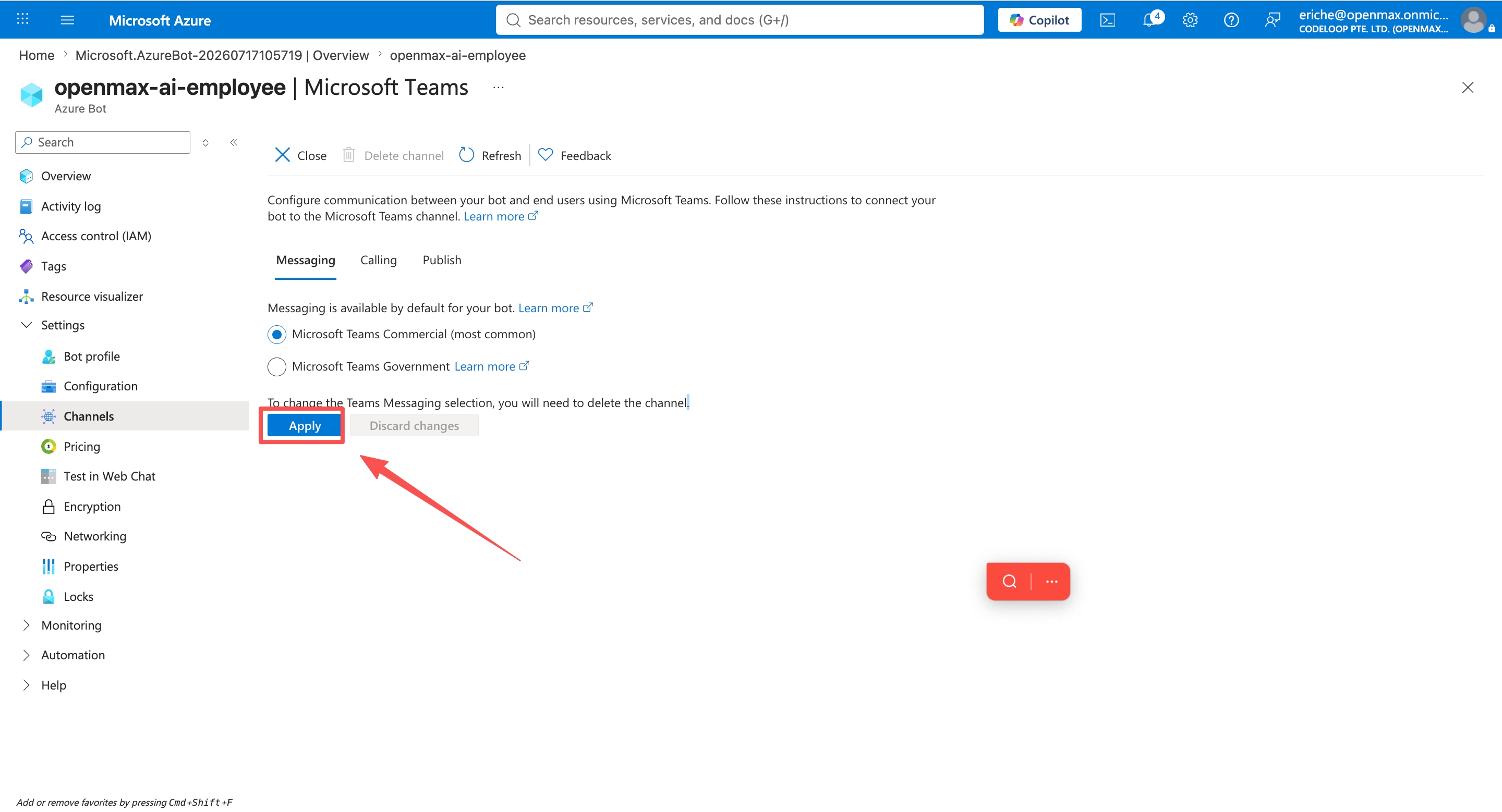 Channels list — Microsoft Teams shows Running