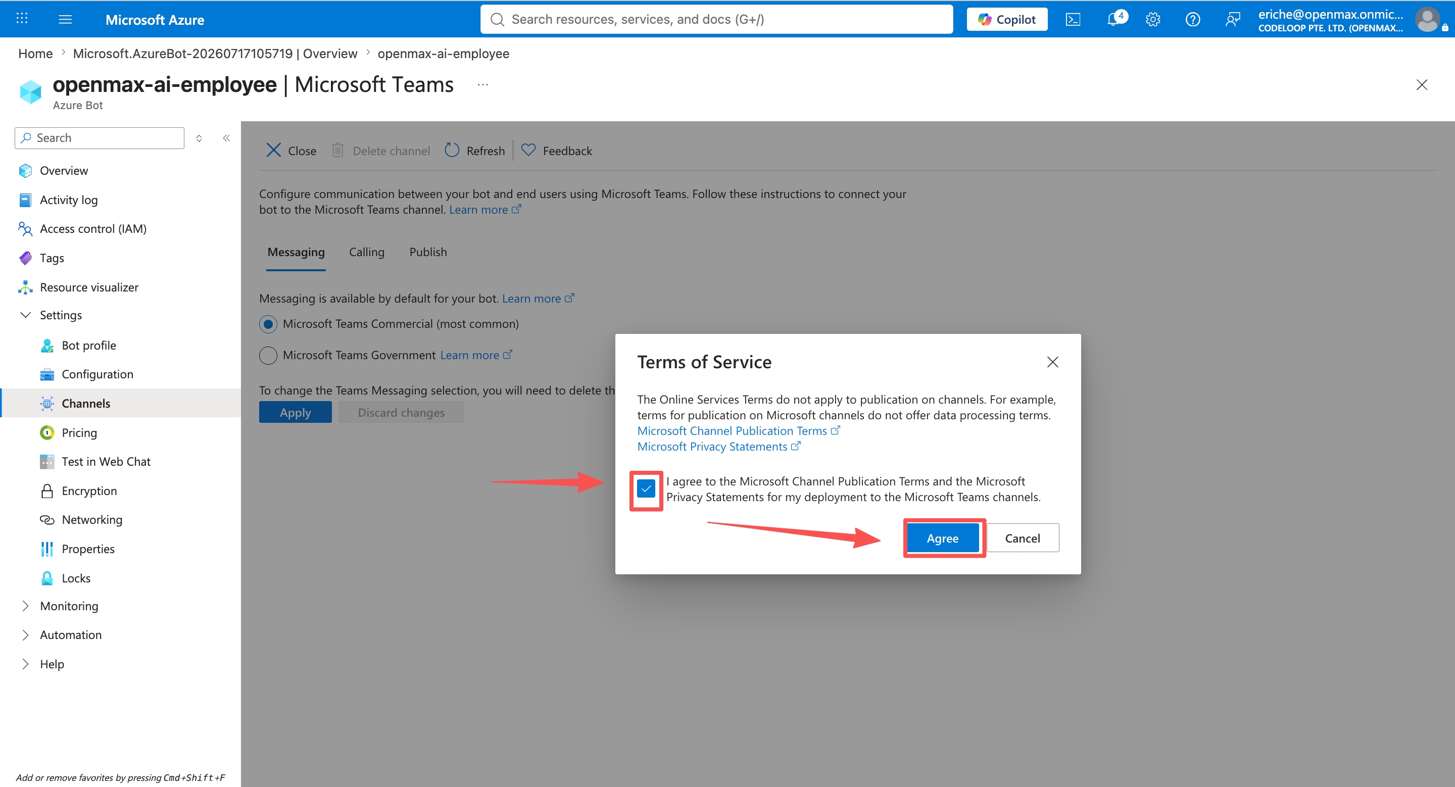 Microsoft Teams channel — accept the Terms of Service