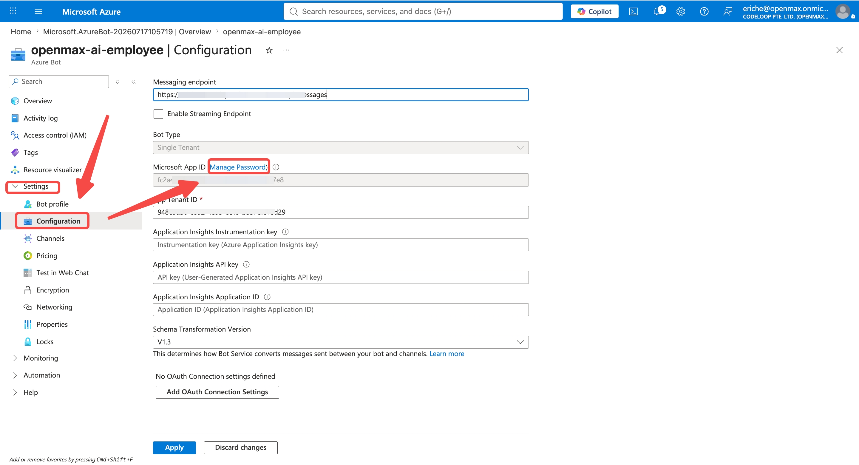 Configuration — Manage Password link next to Microsoft App ID