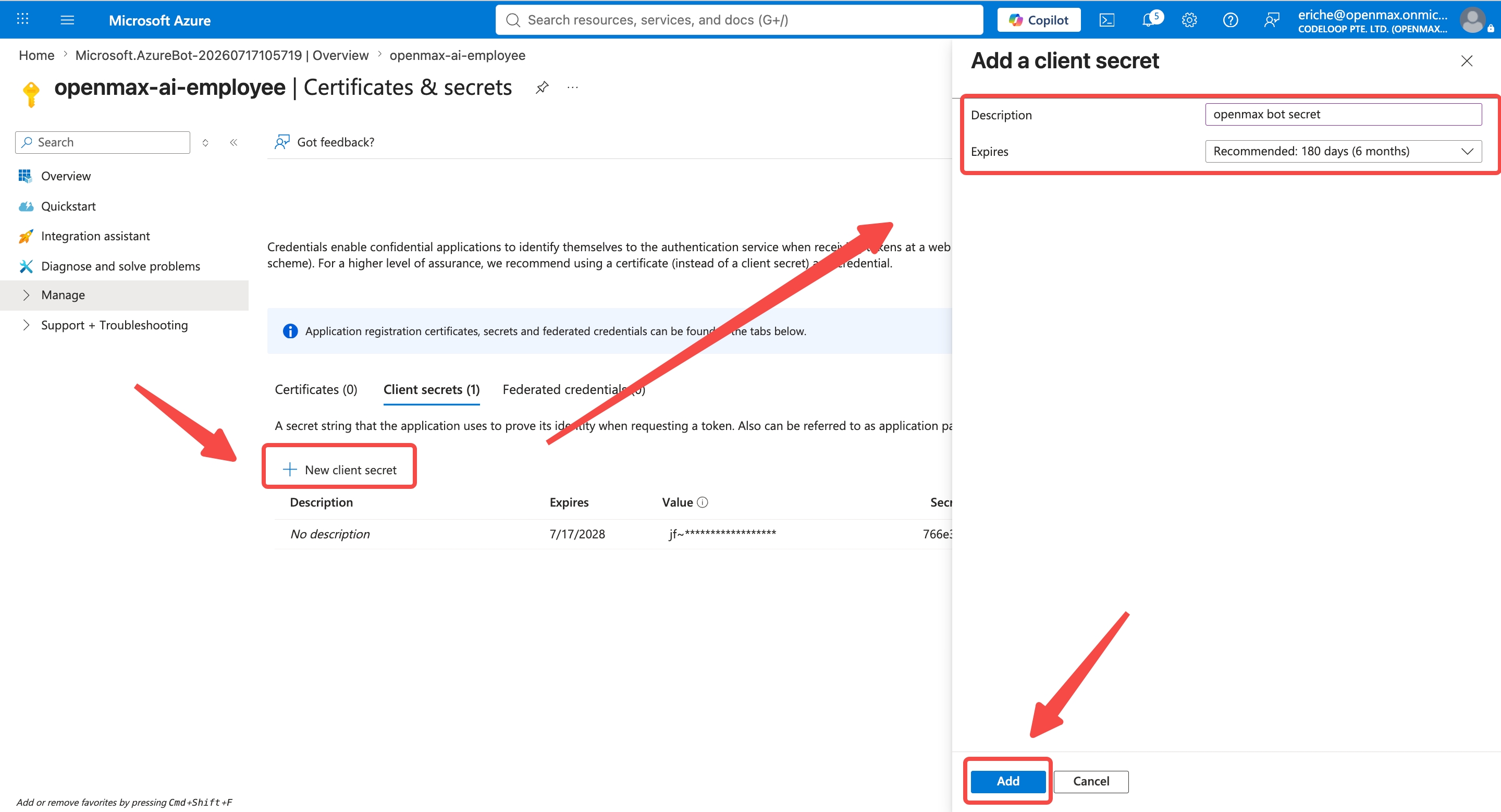Certificates & secrets — New client secret — Add