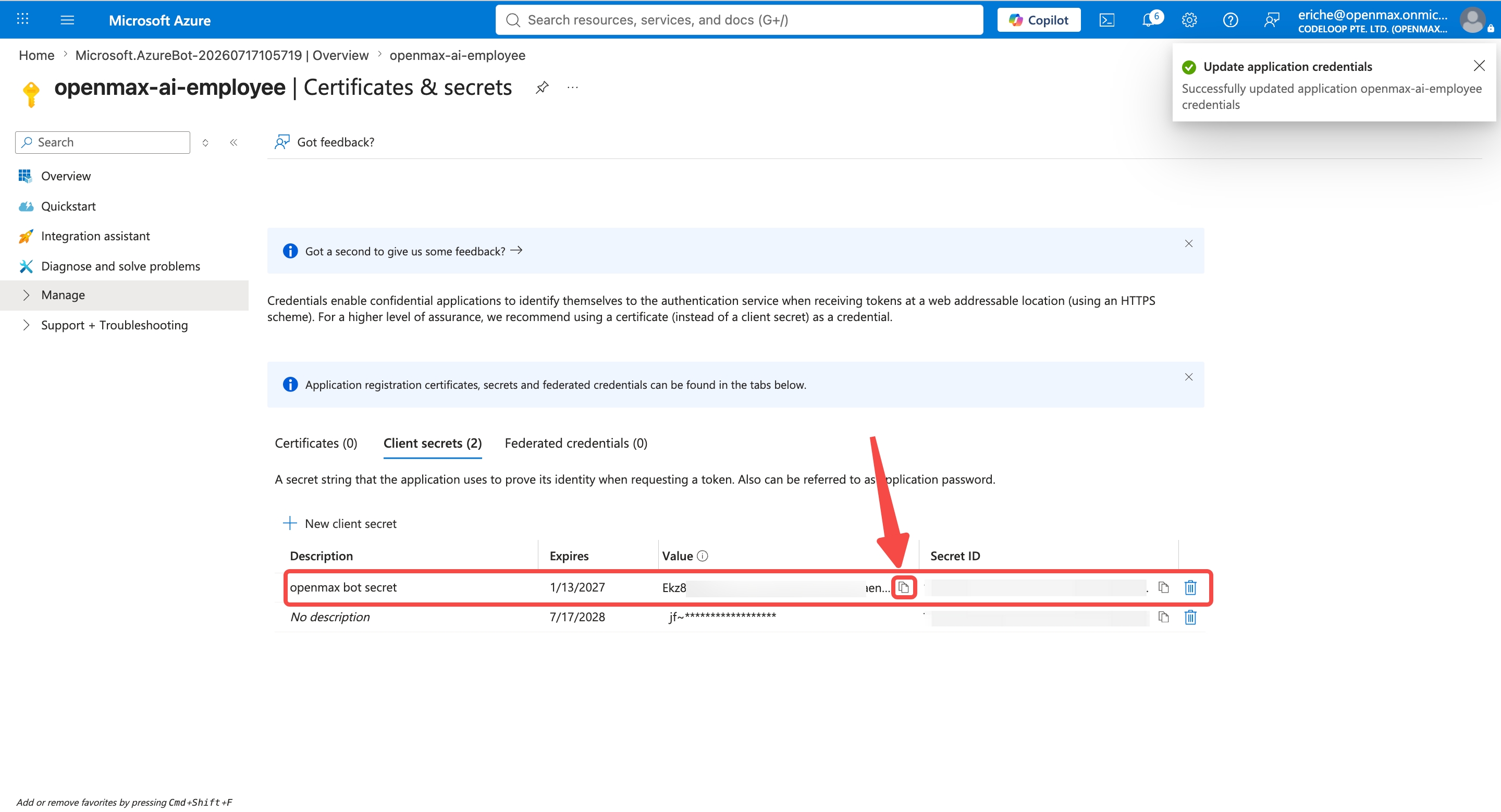 Client secret created — copy the Value column immediately