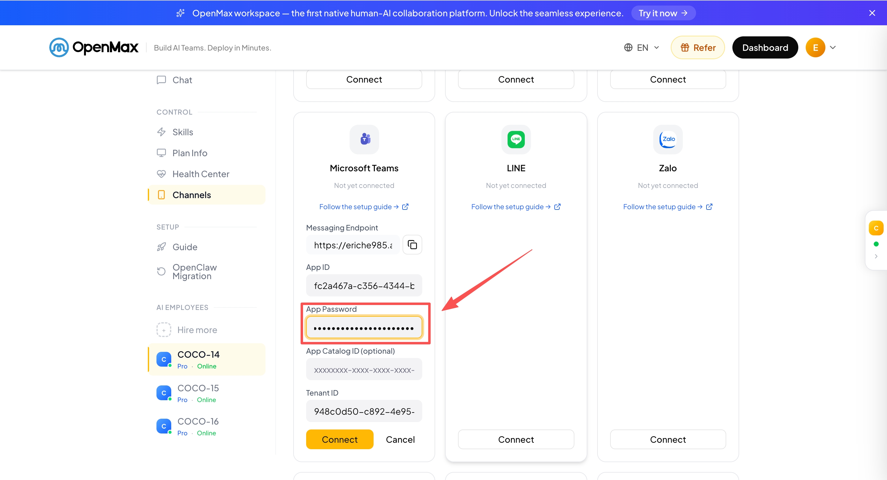 Paste the secret Value into the App Password field in the OpenMax Dashboard