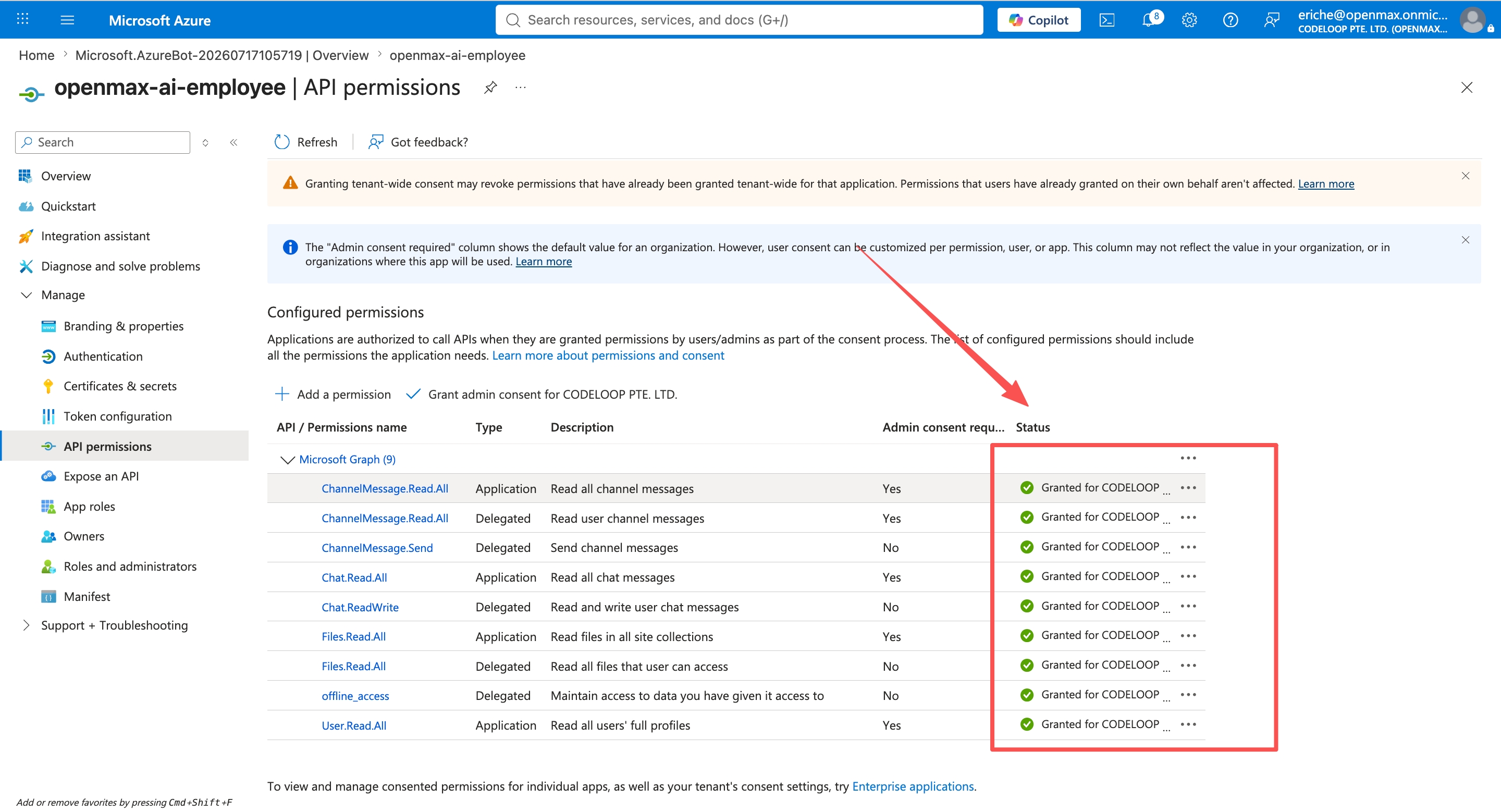 API permissions — all statuses show Granted (green)