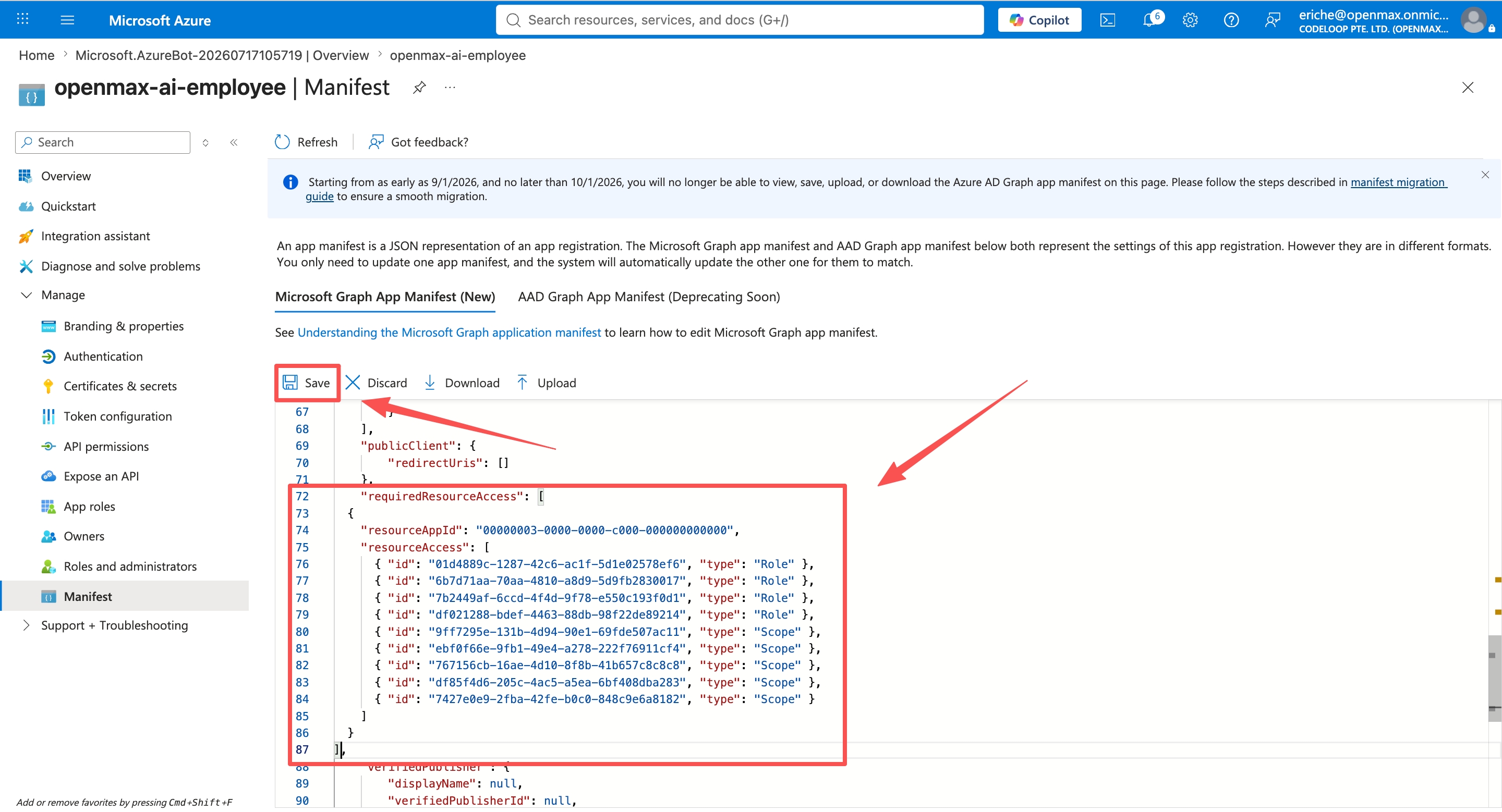 Manifest editor — permissions pasted, click Save