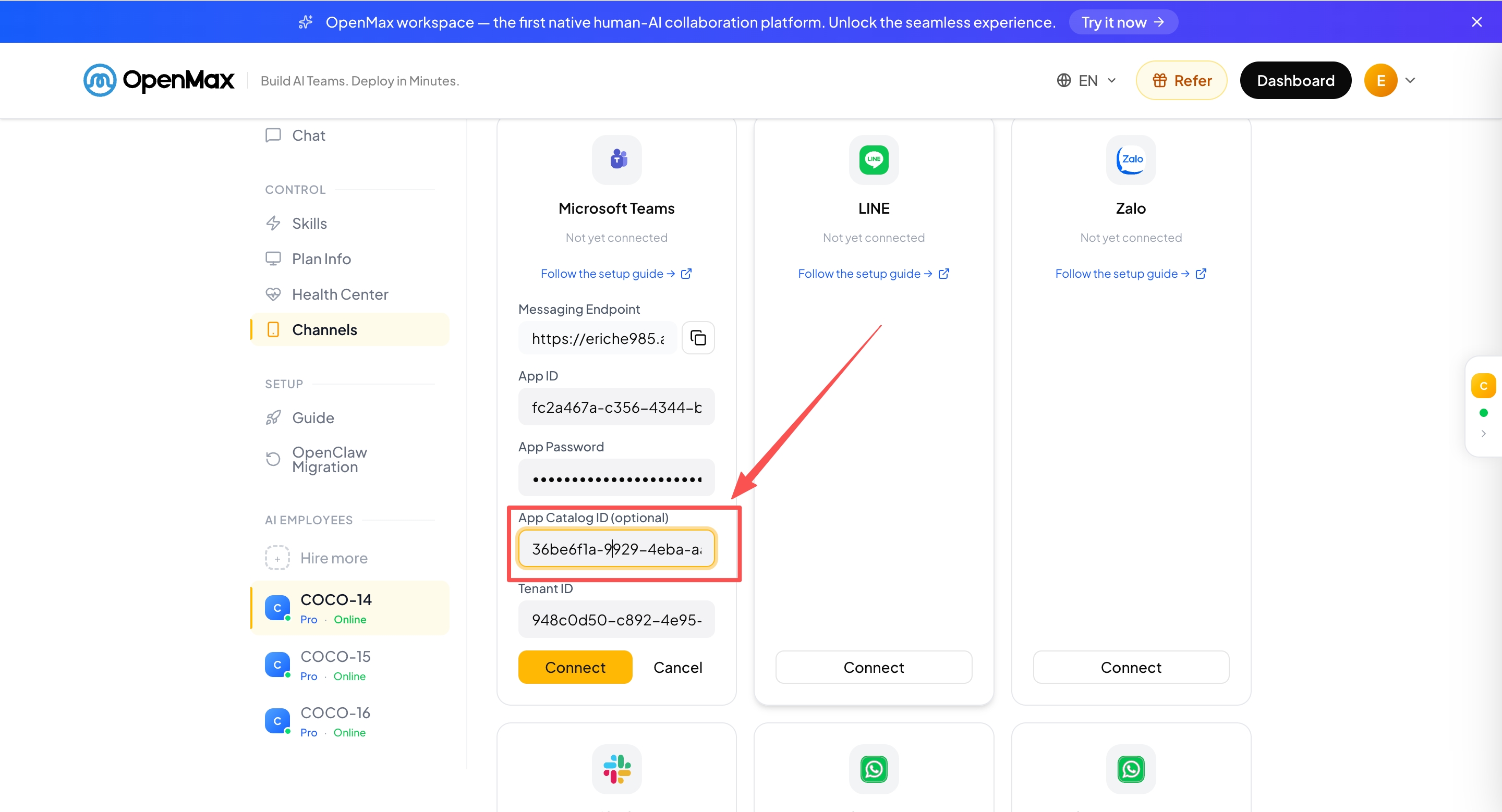 Paste the App Catalog ID into the OpenMax Dashboard