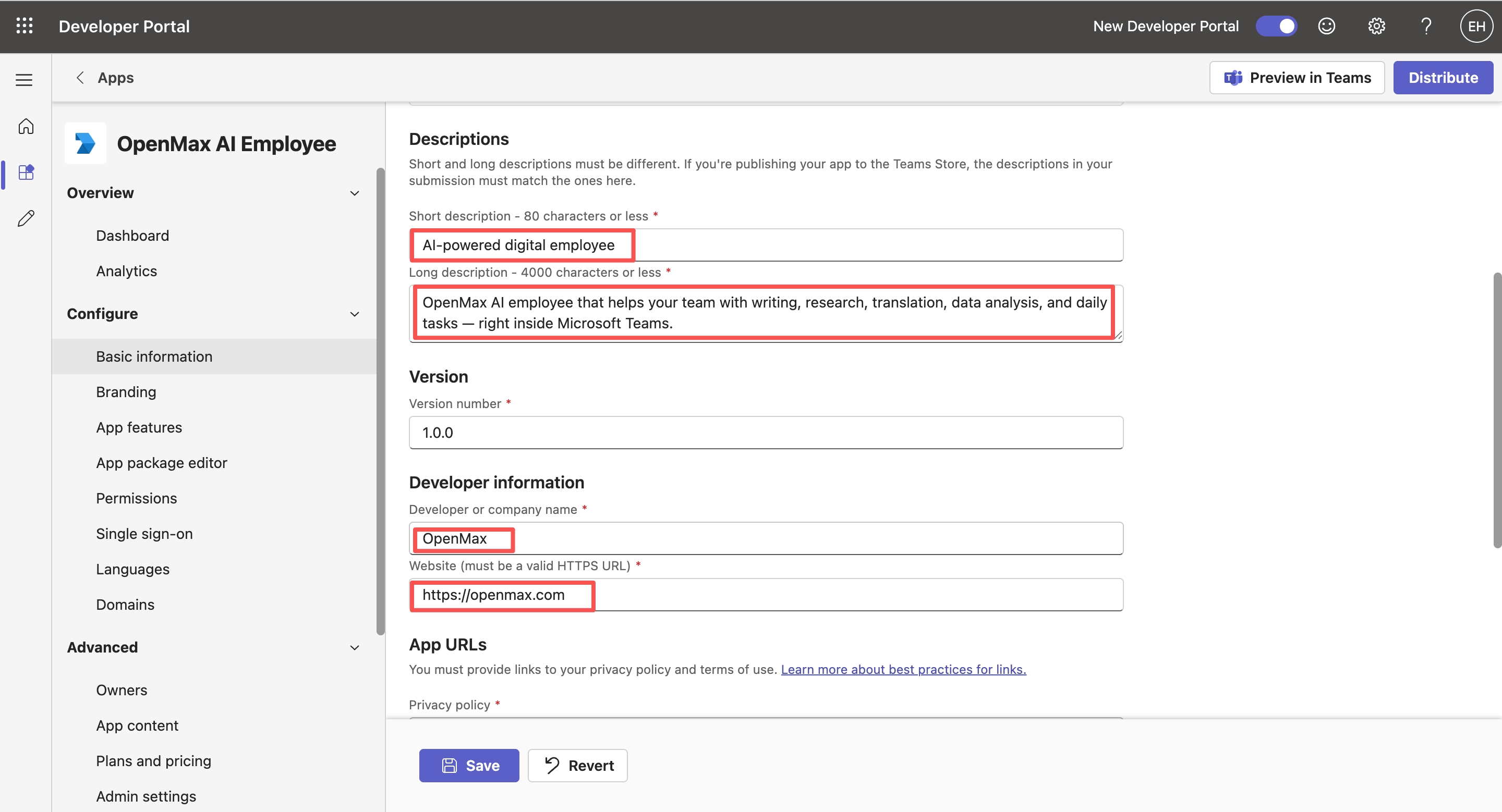 Basic information — descriptions and developer information filled in