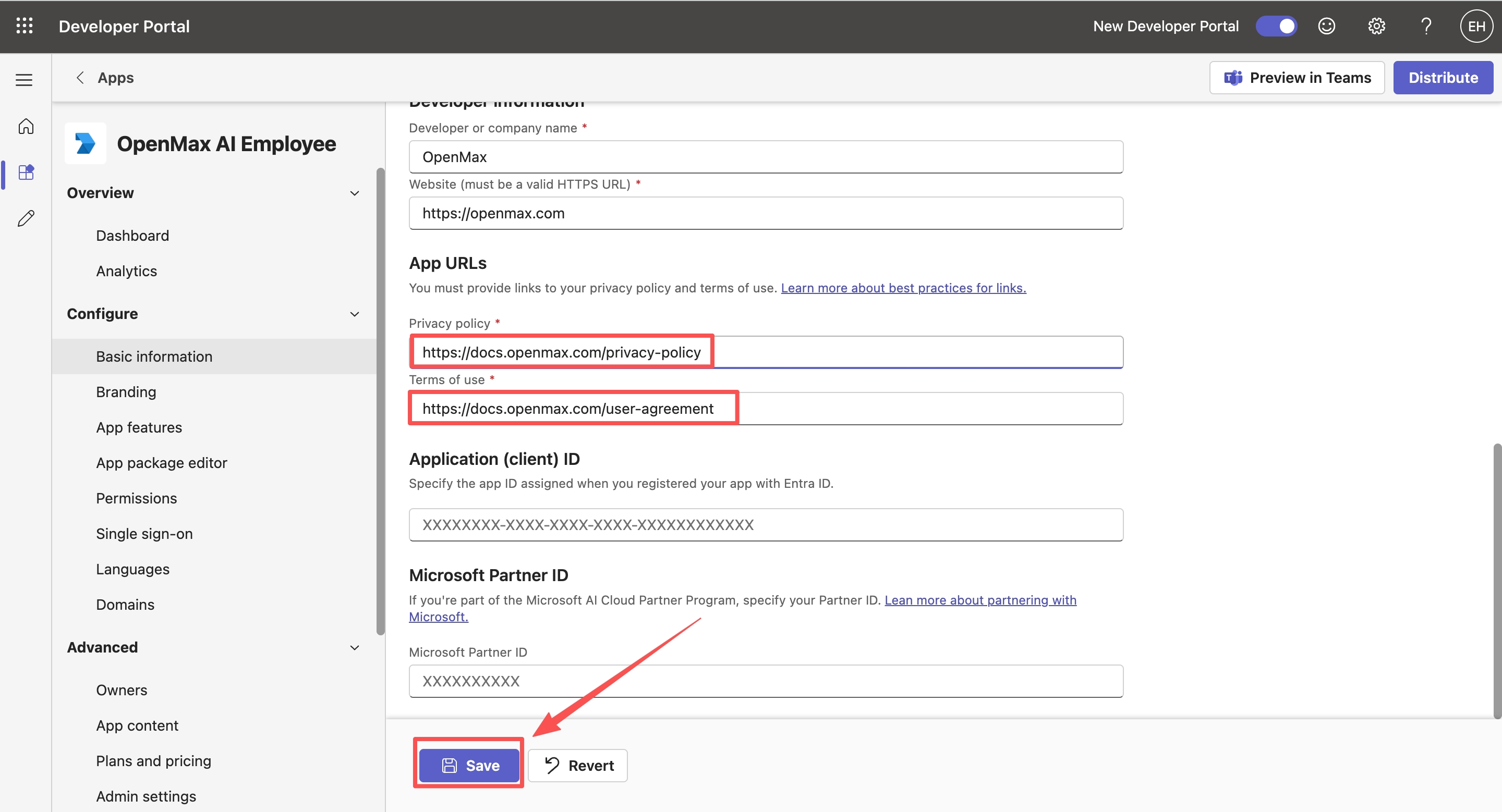 Basic information — app URLs filled in, click Save