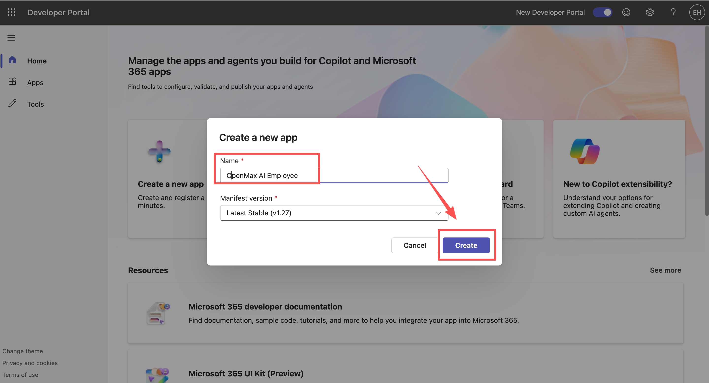 New app dialog — enter app name and click Create