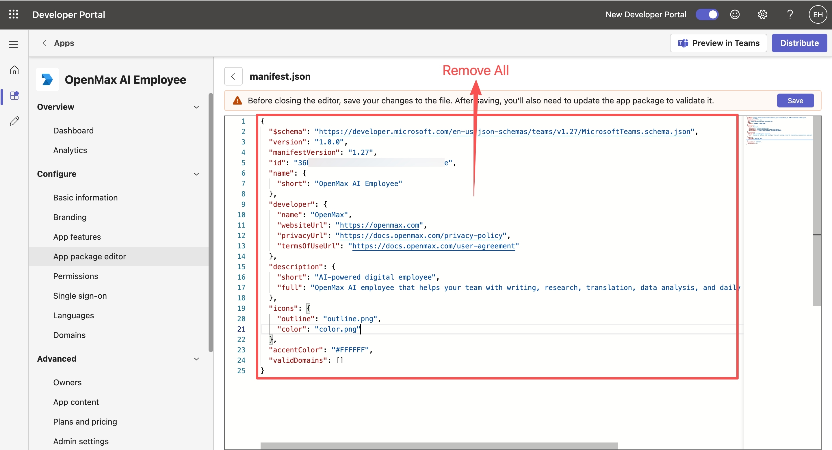 App package editor — manifest.json opened for editing