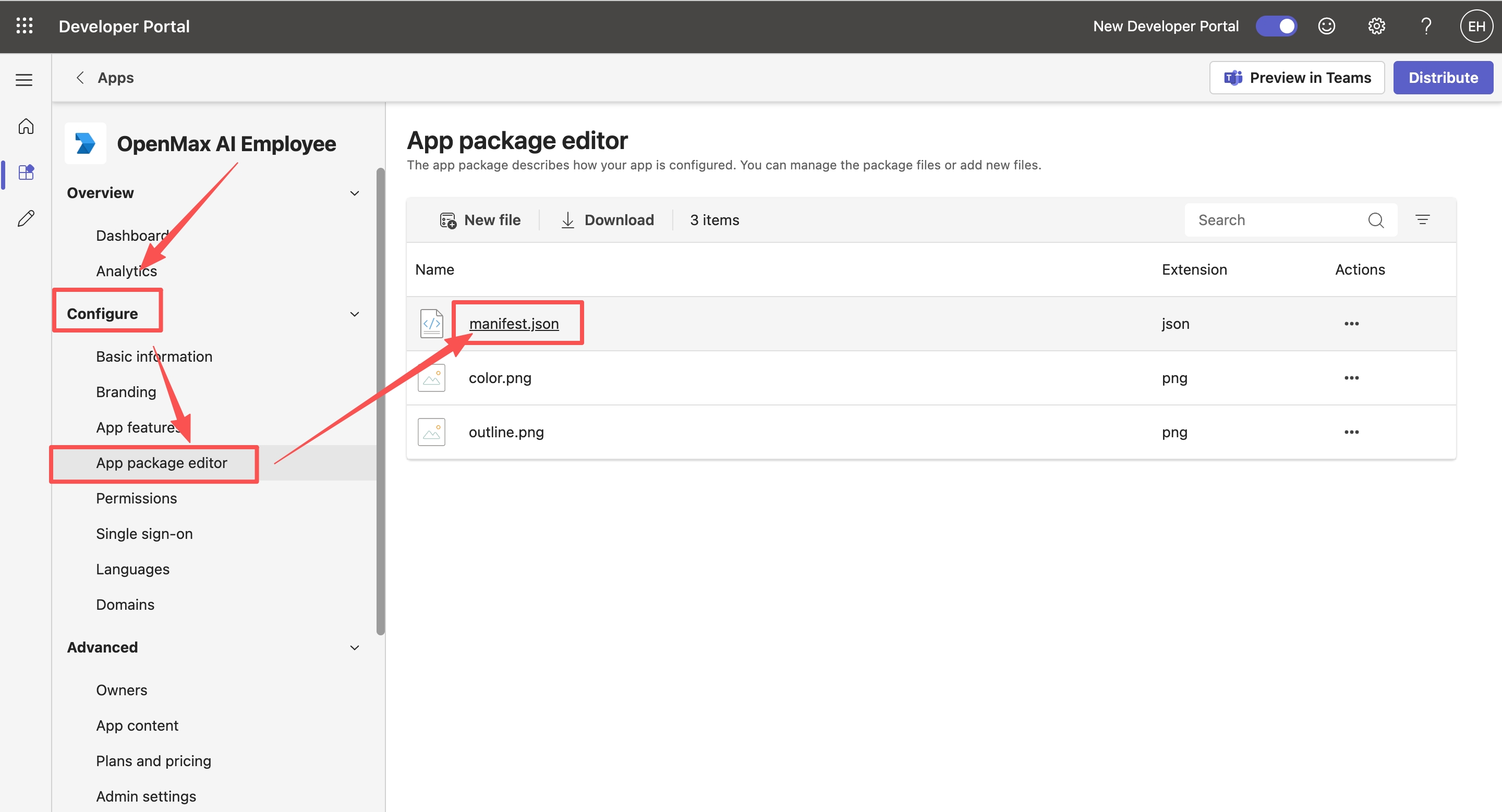 Configure — App package editor — manifest.json