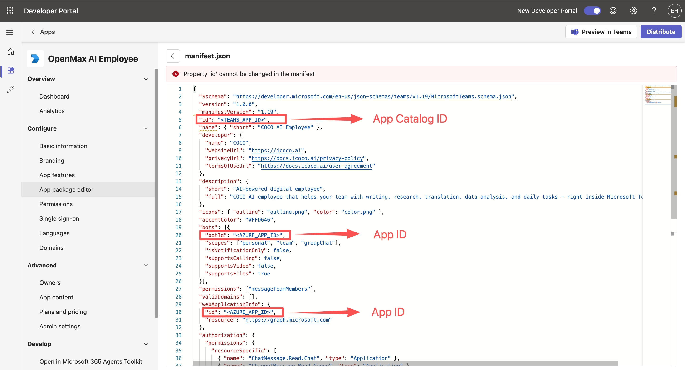 manifest.json — replace TEAMS_APP_ID and AZURE_APP_ID placeholders