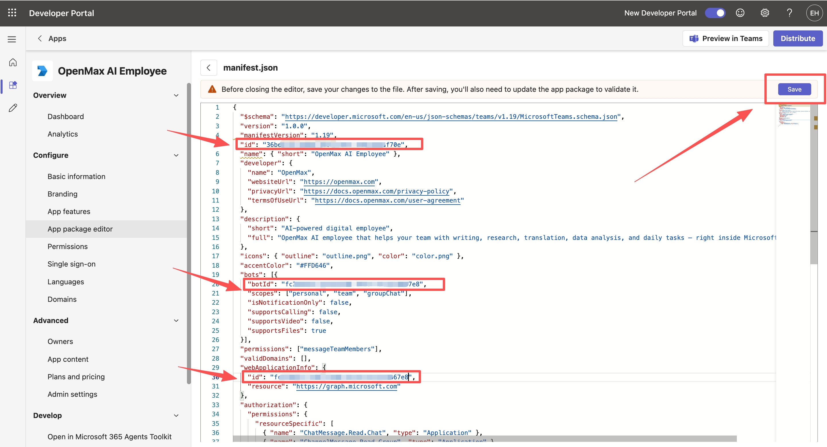 manifest.json — placeholders replaced, click Save