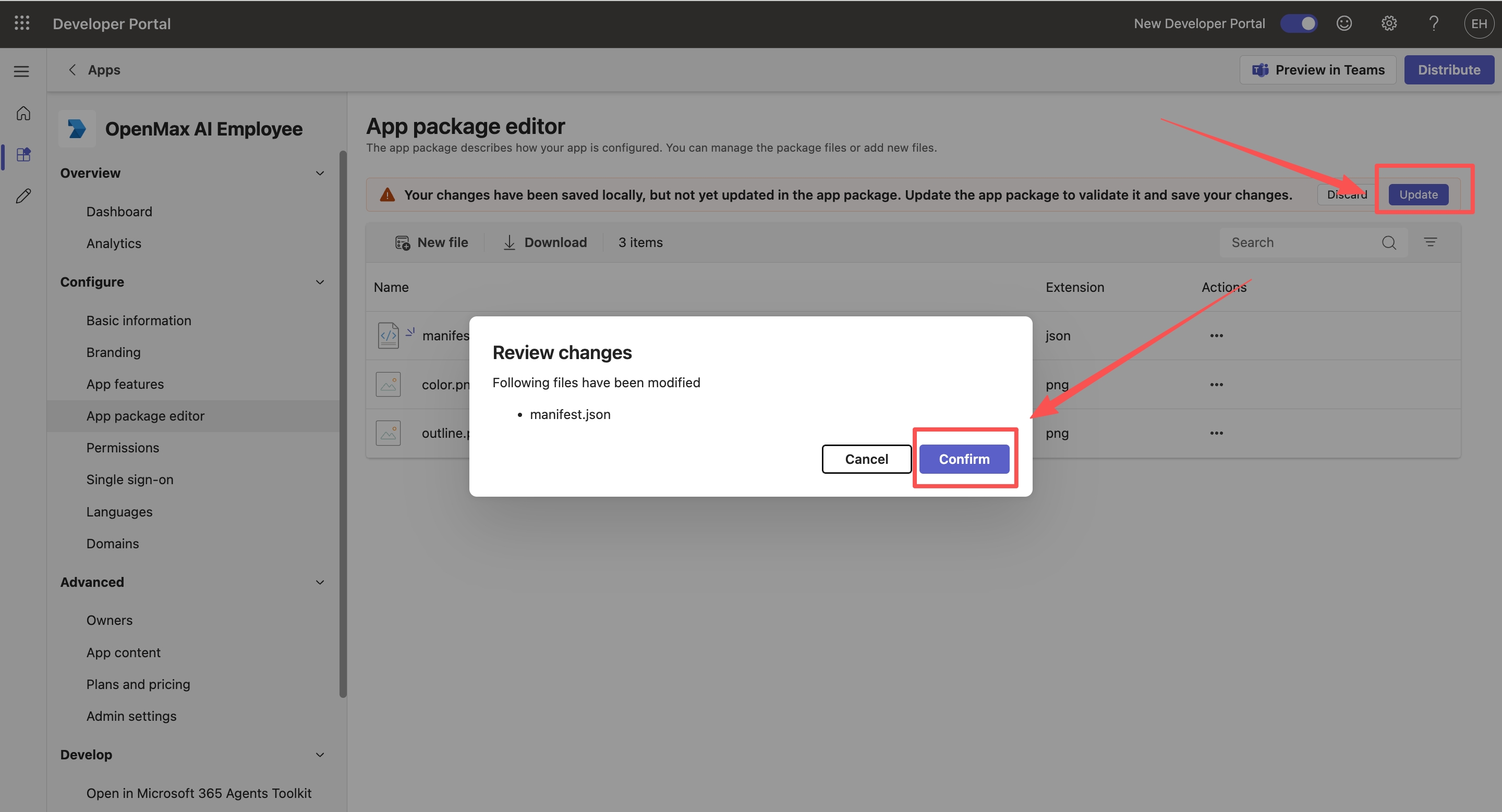App package editor — Update, then Confirm