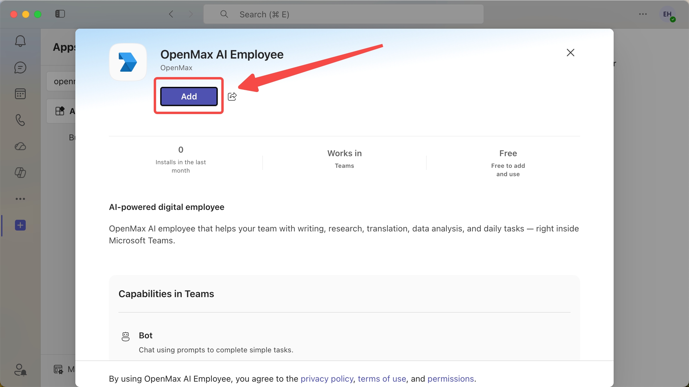App detail dialog — Add