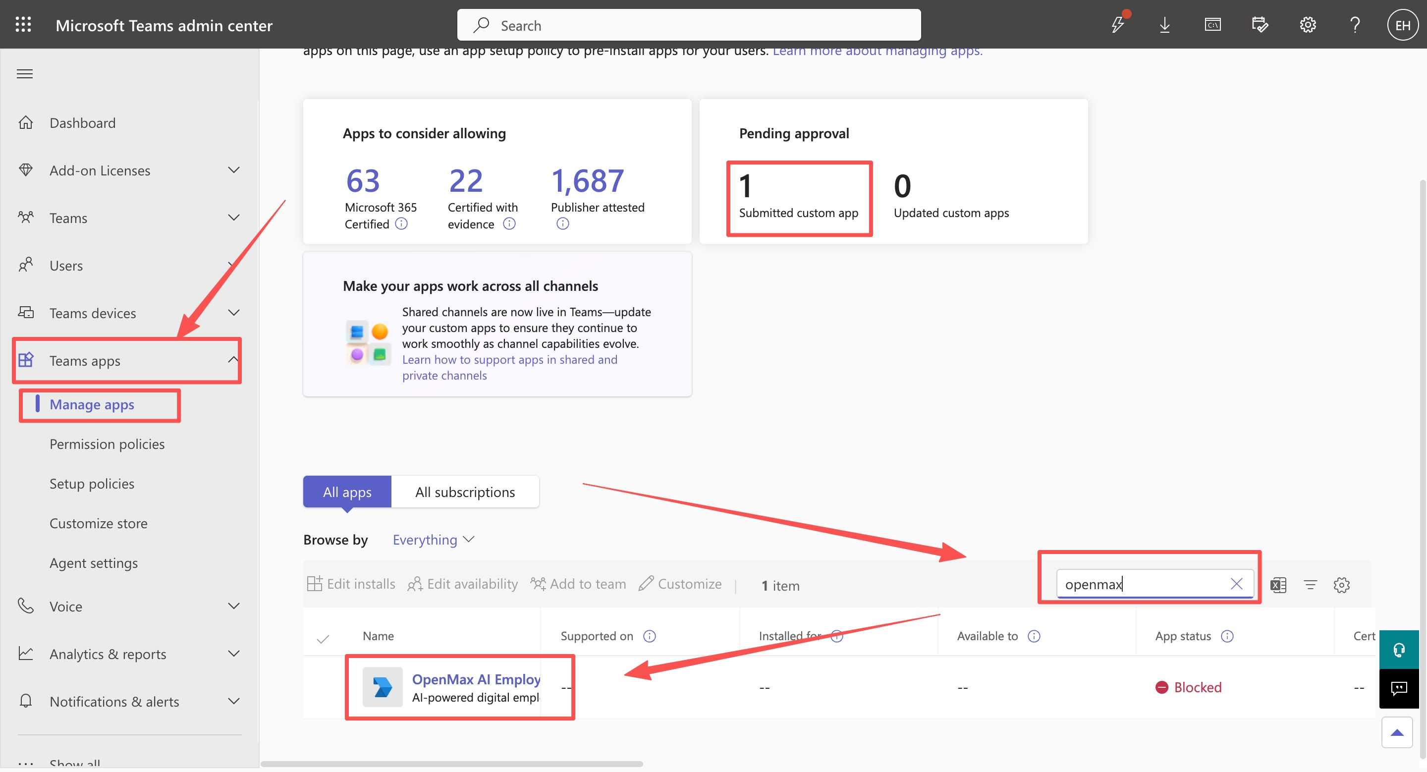 Teams Admin Center — Manage apps — find your app