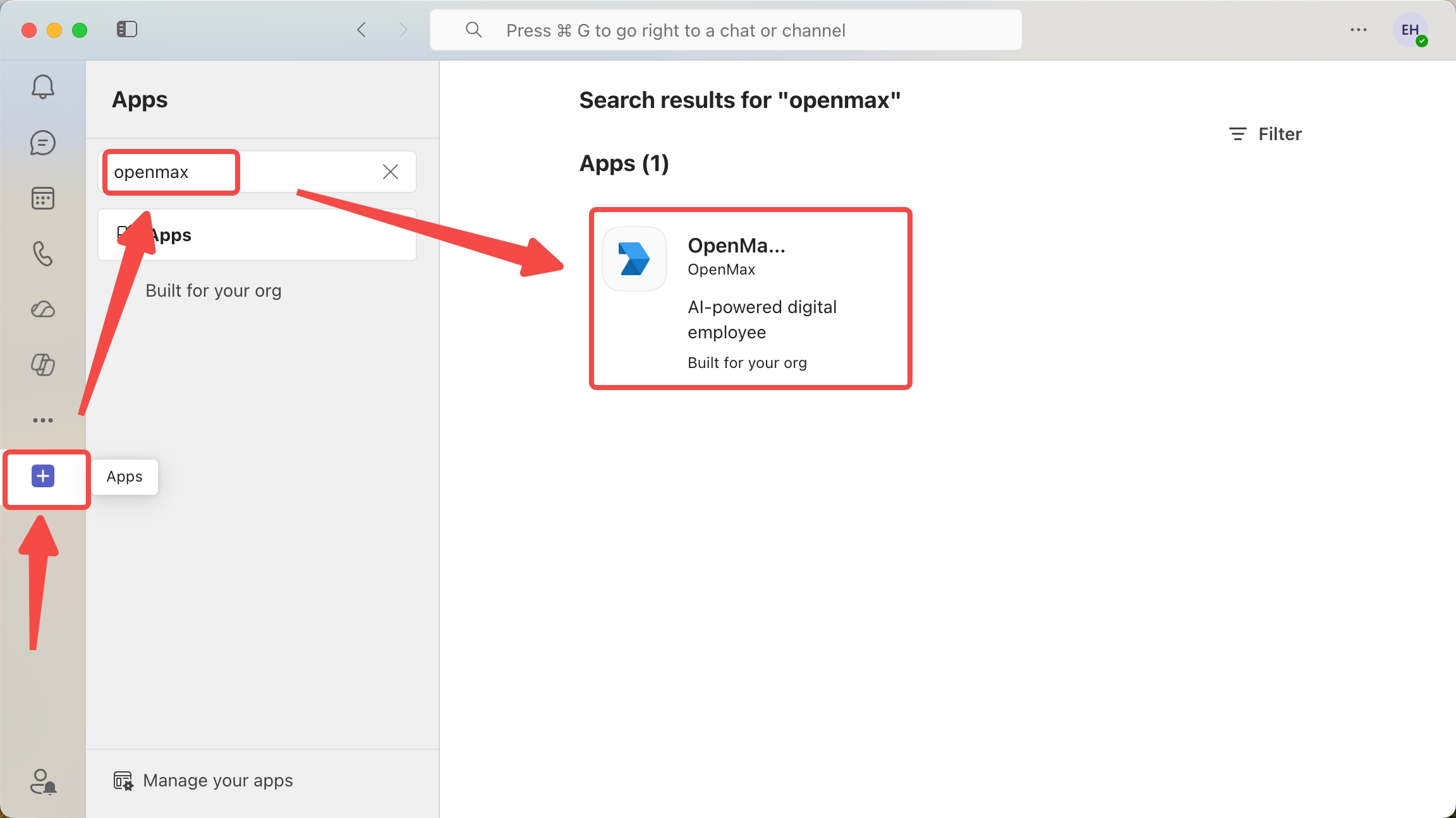 Microsoft Teams — Apps — search for your bot