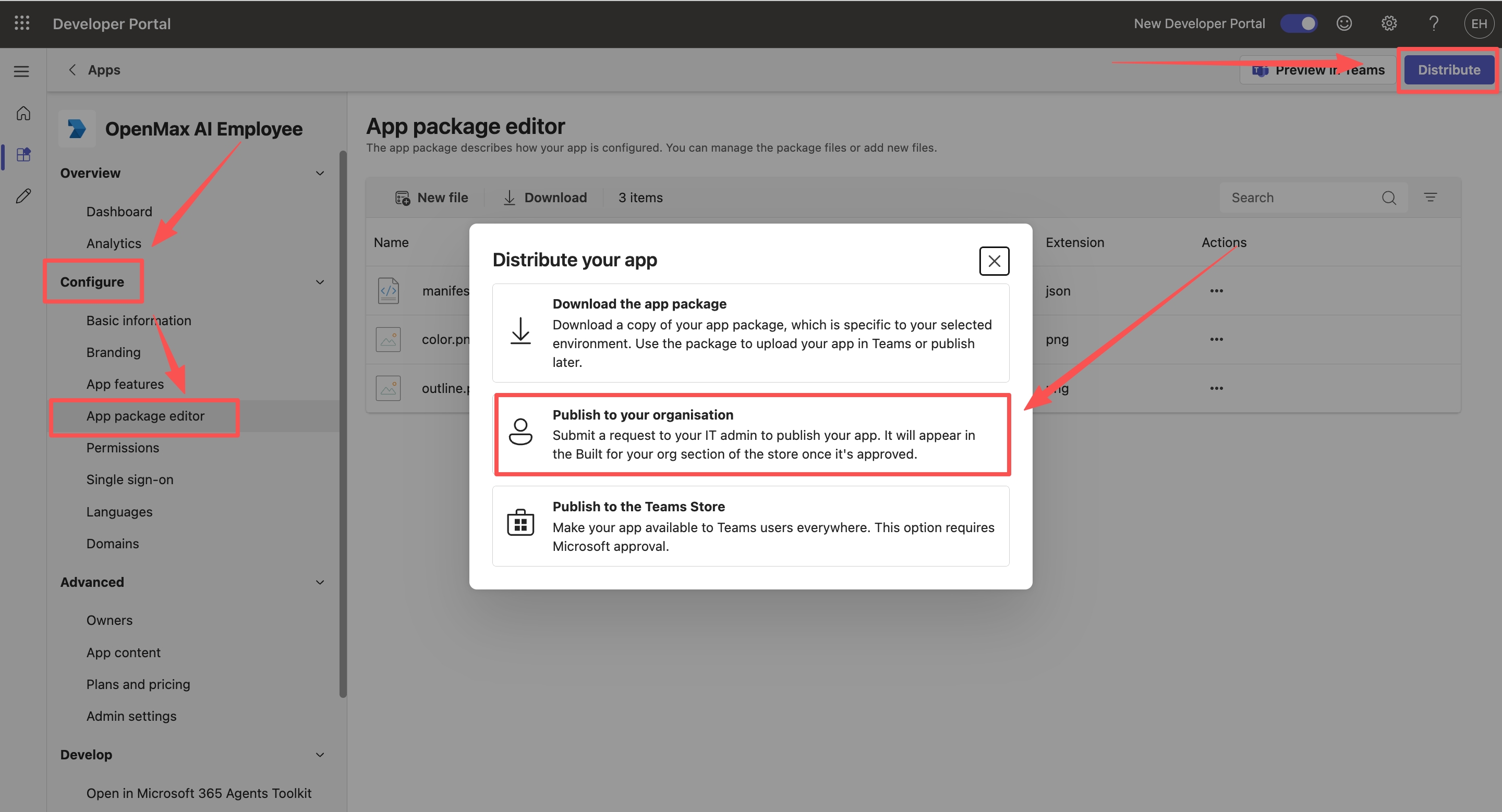 App package editor — Distribute — Publish to your organization