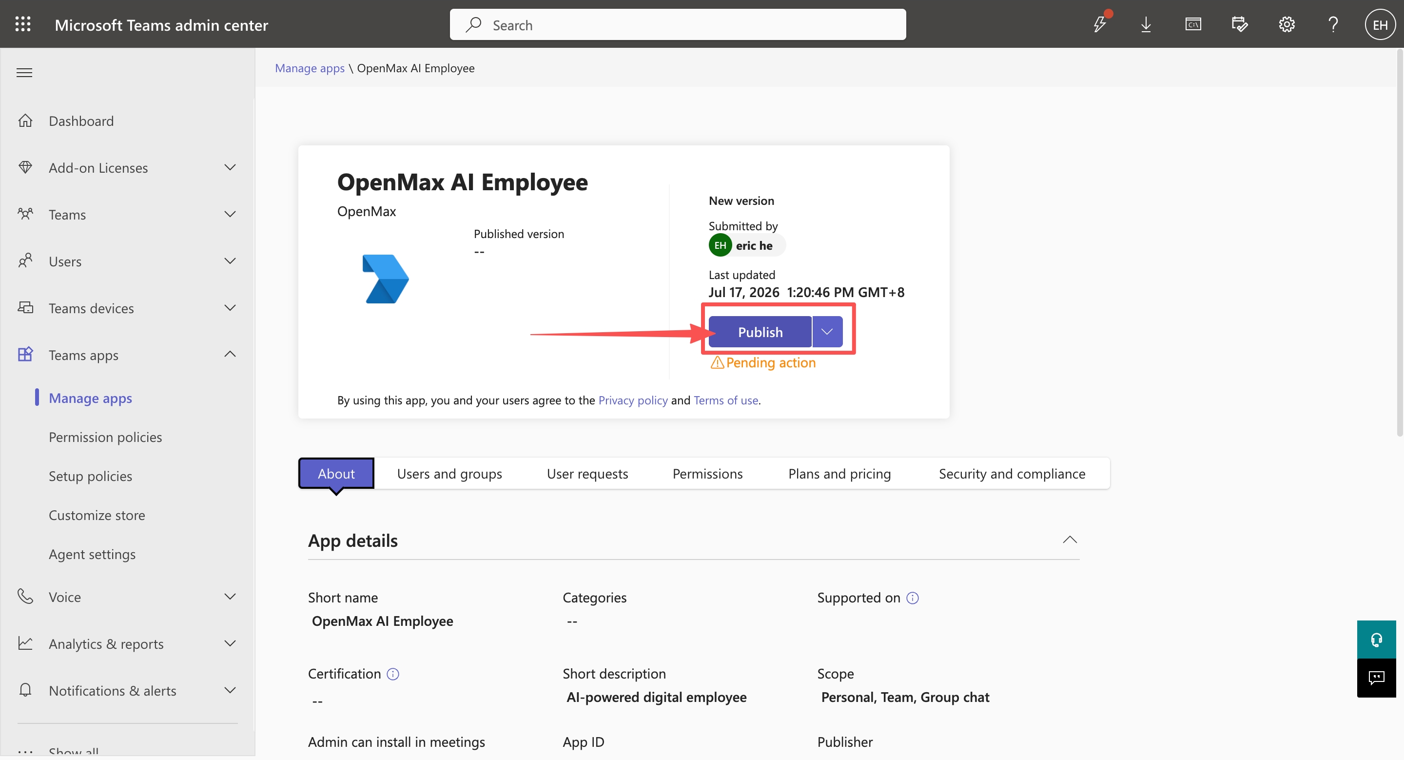 Teams Admin Center — app detail — Publish