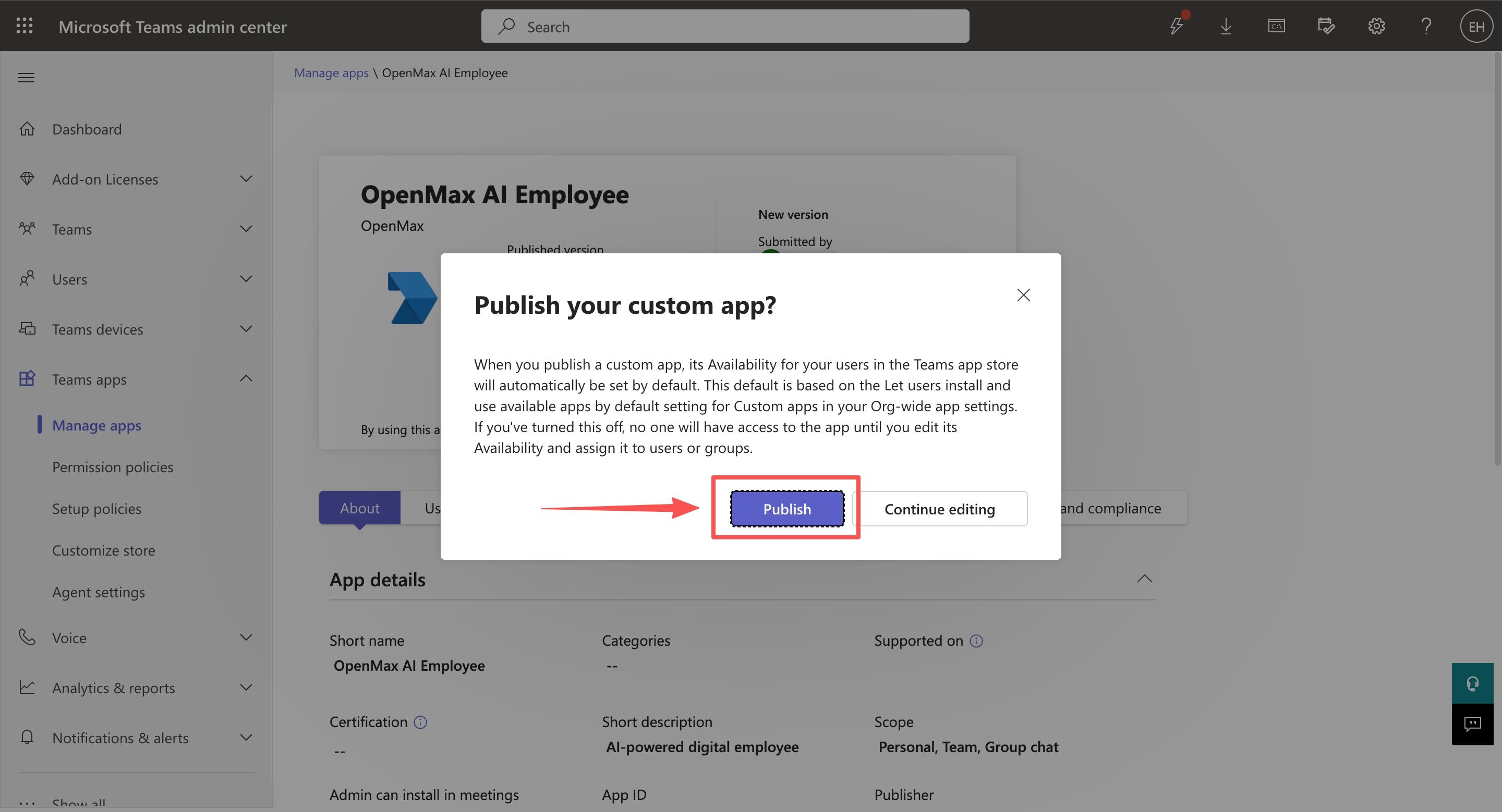 Teams Admin Center — confirm Publish