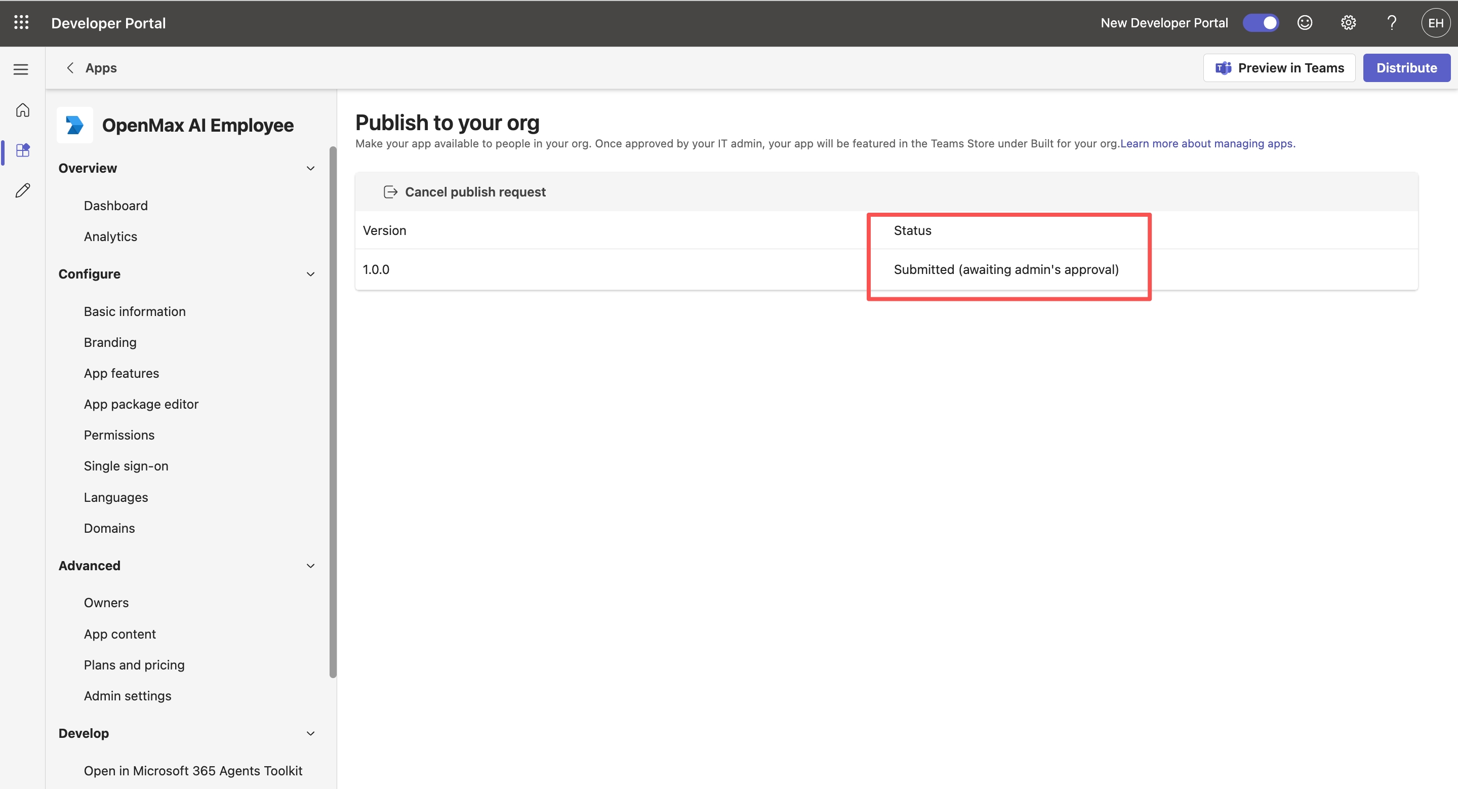Status shows Submitted (awaiting admin's approval)