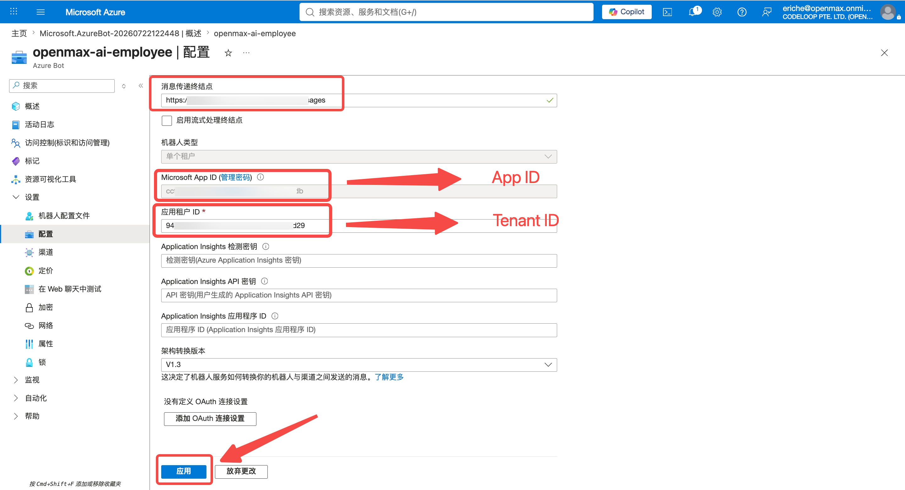 Azure 配置页 —— 终结点已填写，点击应用