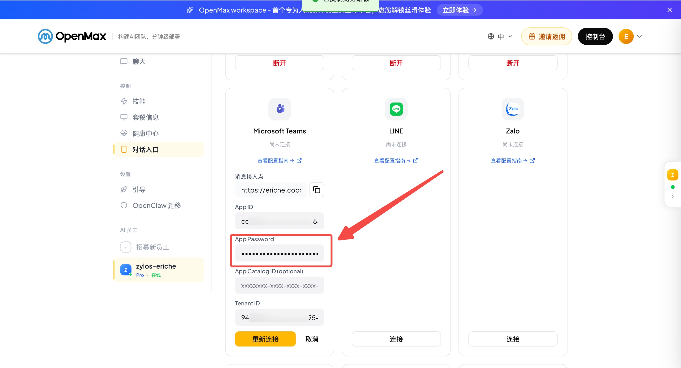 把密码的值粘贴到 OpenMax Dashboard 的 App Password 字段