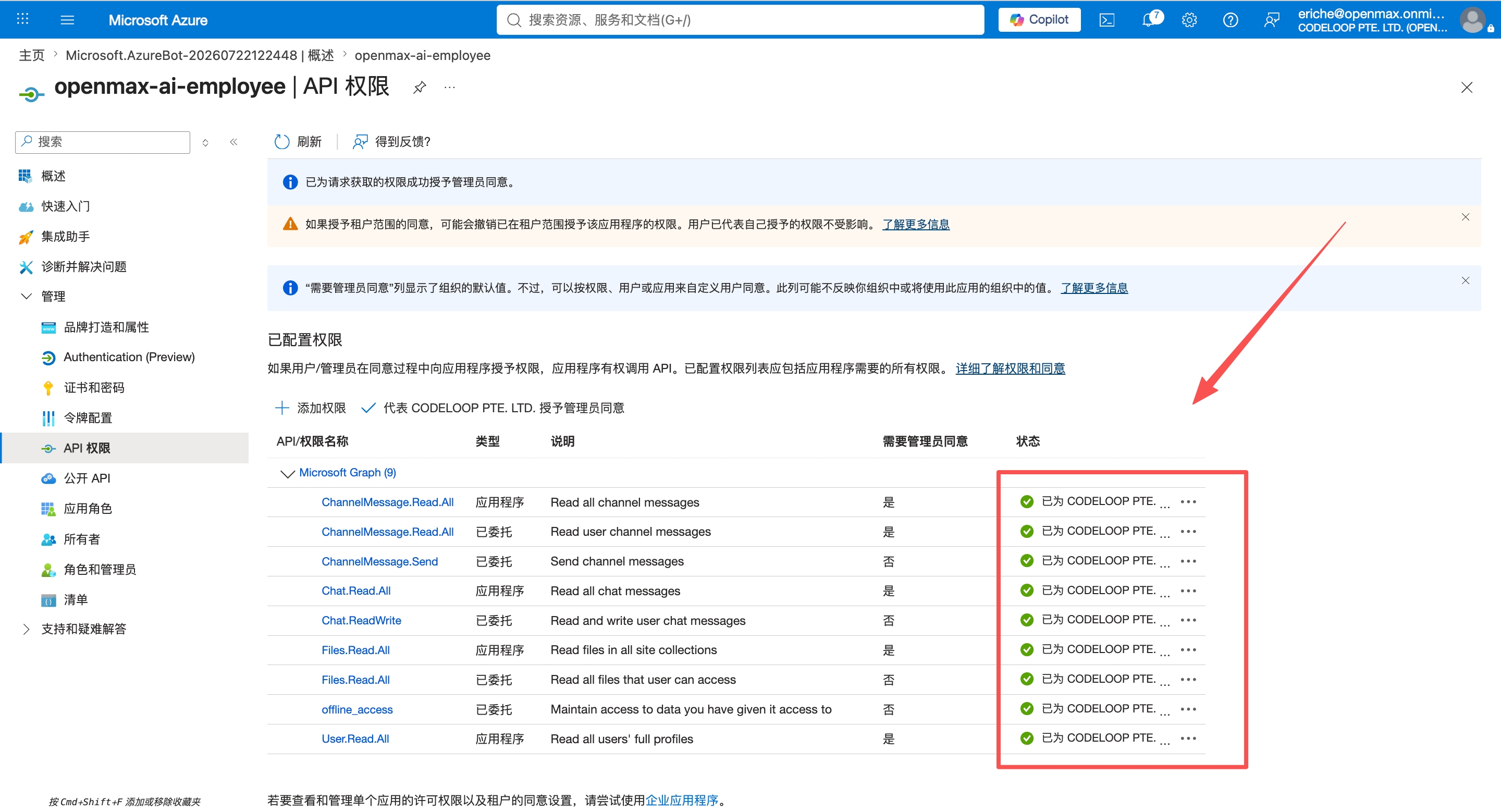 API 权限 —— 全部显示已授予（绿色）