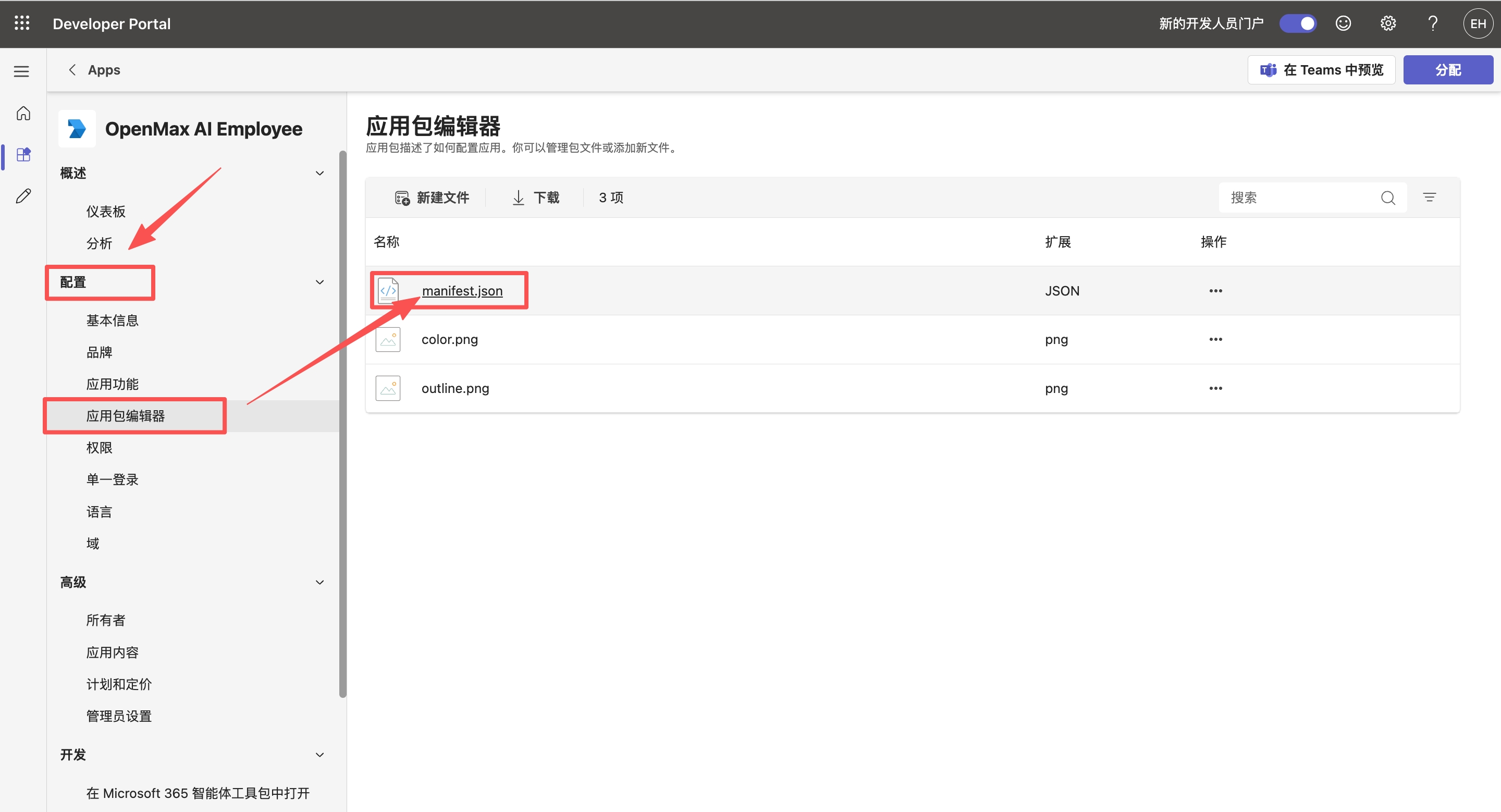 配置 → 应用包编辑器 —— manifest.json